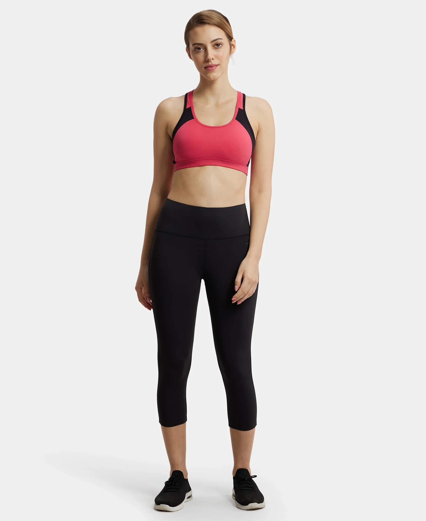 Wirefree Padded Super Combed Cotton Elastane Stretch Full Coverage Racerback Styling Active Bra with StayFresh and Moisture Move Treatment - Ruby & Black - Image 4