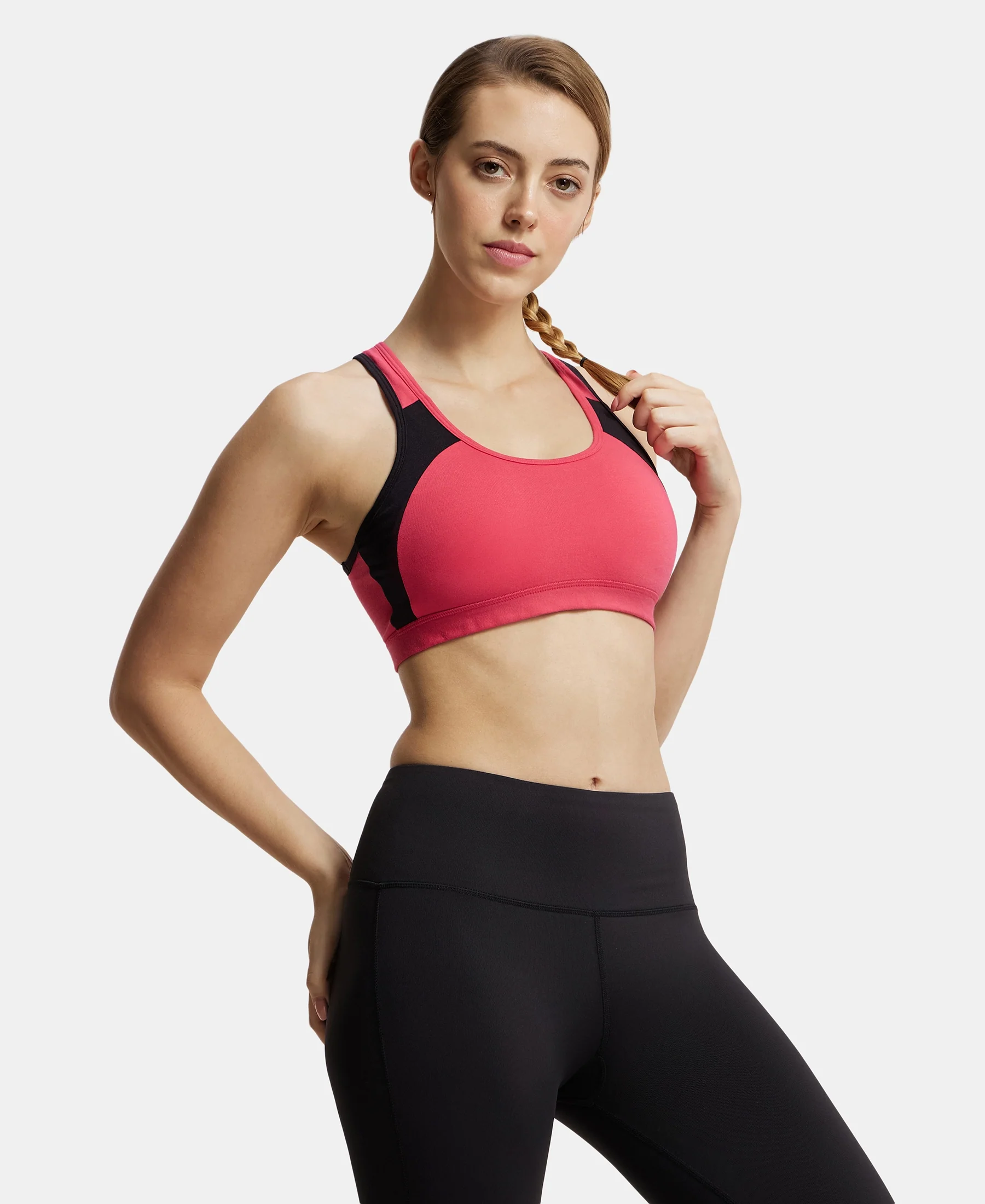 Wirefree Padded Super Combed Cotton Elastane Stretch Full Coverage Racerback Styling Active Bra with StayFresh and Moisture Move Treatment - Ruby & Black - Image 5