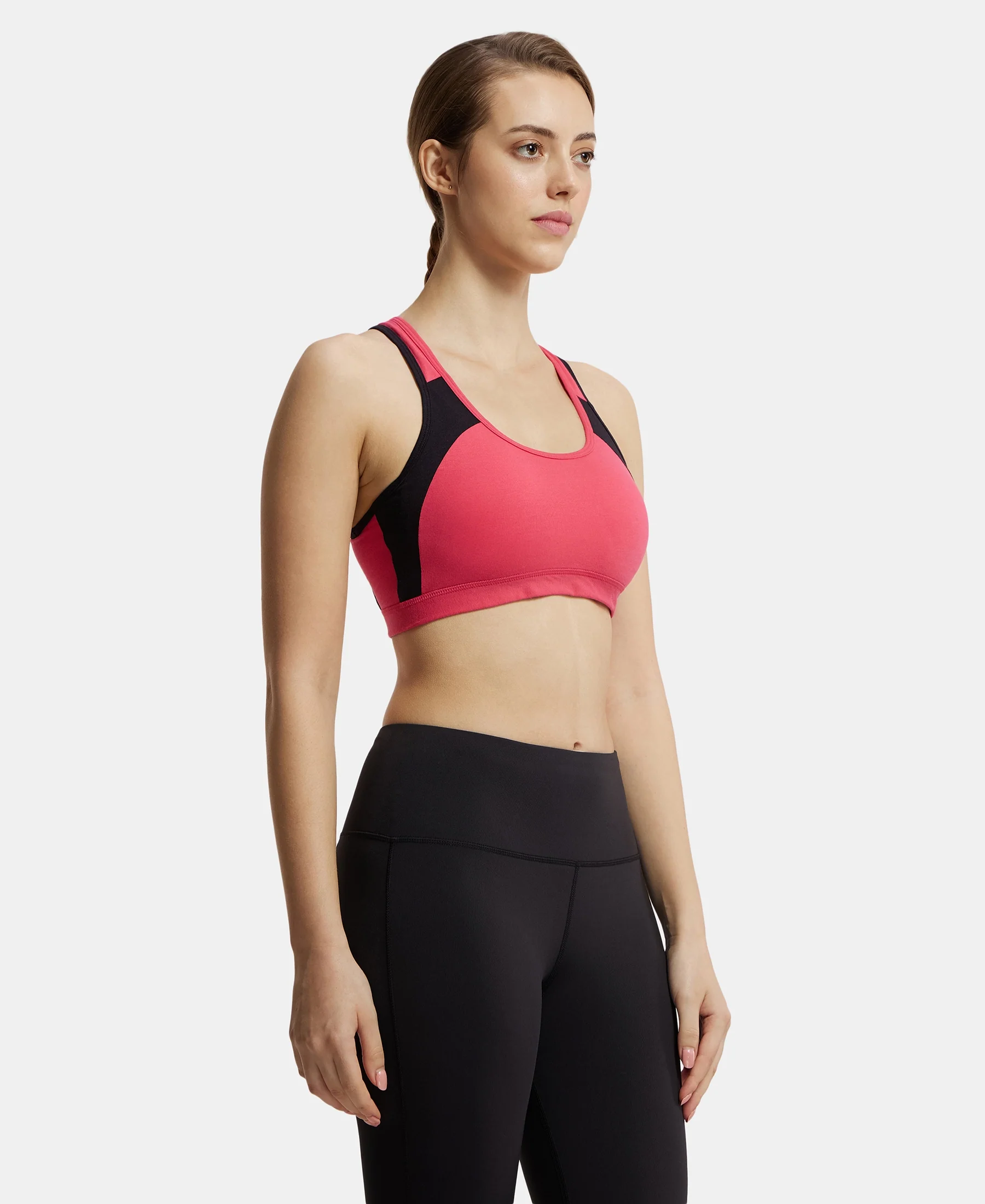 Wirefree Padded Super Combed Cotton Elastane Stretch Full Coverage Racerback Styling Active Bra with StayFresh and Moisture Move Treatment - Ruby & Black - Image 6