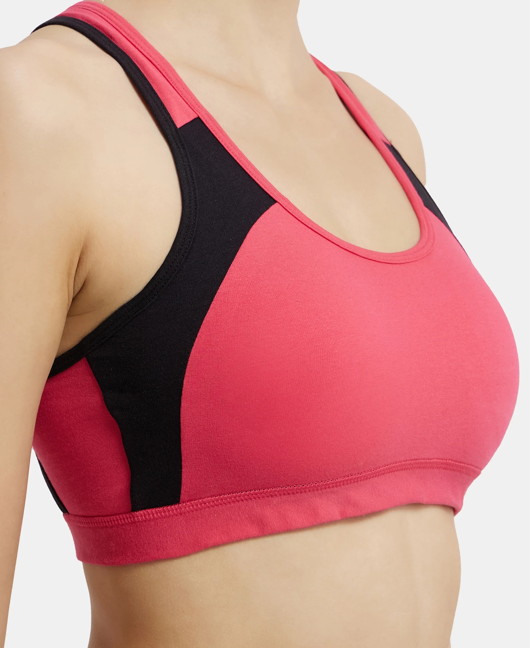 Wirefree Padded Super Combed Cotton Elastane Stretch Full Coverage Racerback Styling Active Bra with StayFresh and Moisture Move Treatment - Ruby & Black - Image 8