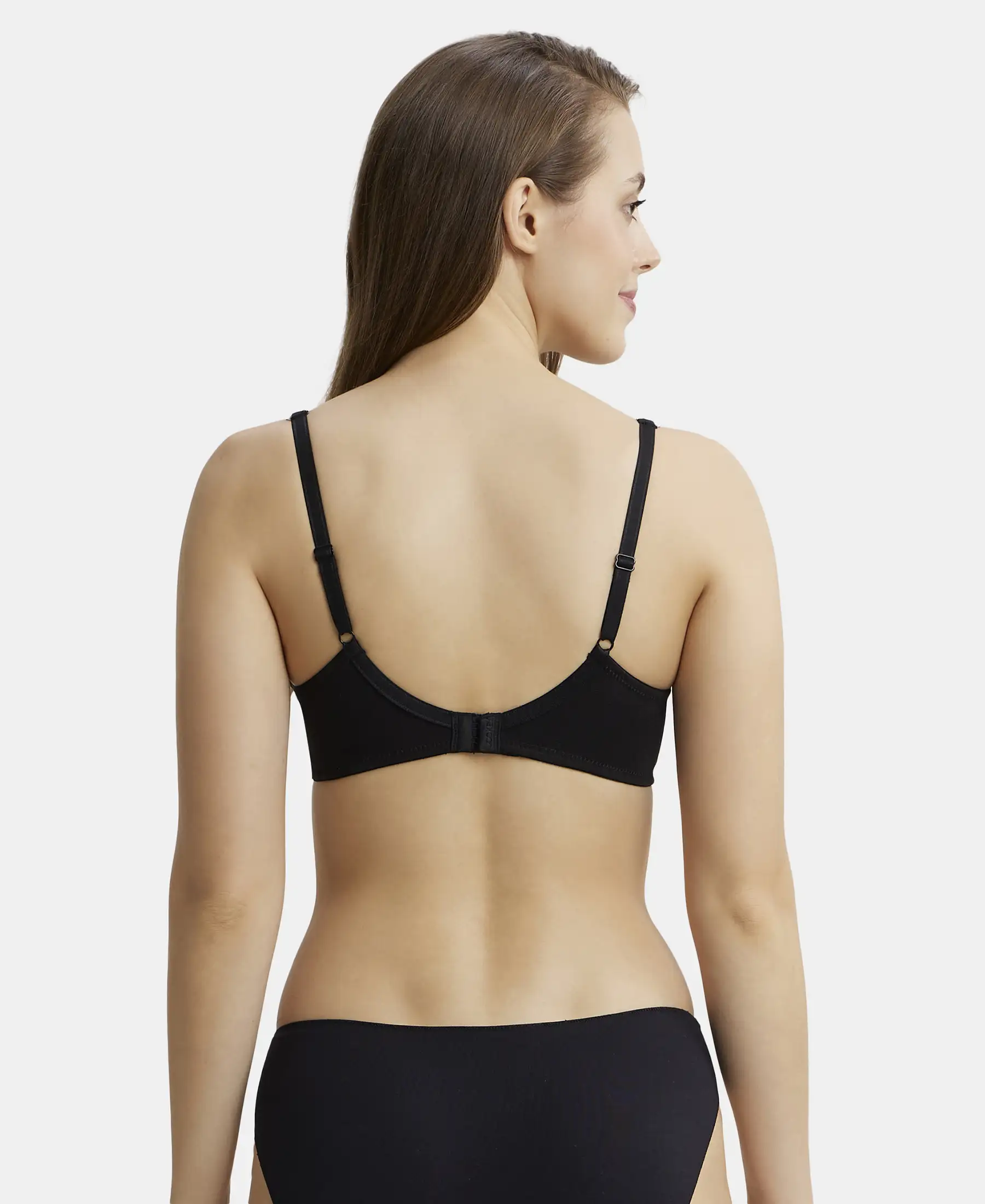 Wirefree Padded Super Combed Cotton Elastane Stretch Full Coverage T-Shirt Bra with Broad Fabric Straps - Black - Image 3