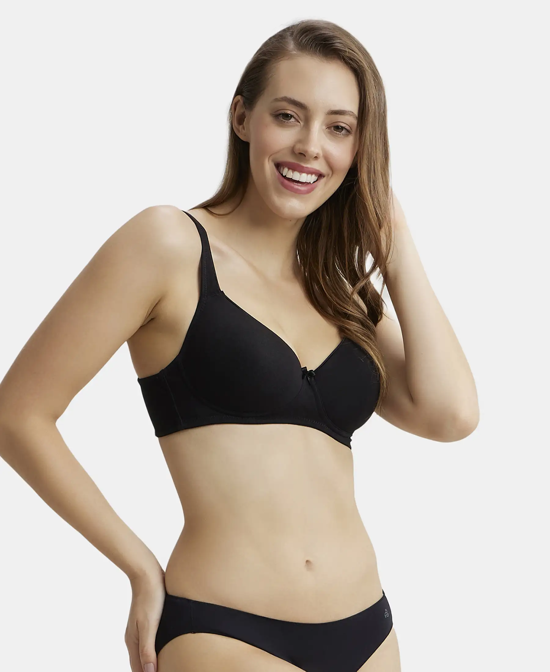 Wirefree Padded Super Combed Cotton Elastane Stretch Full Coverage T-Shirt Bra with Broad Fabric Straps - Black - Image 5