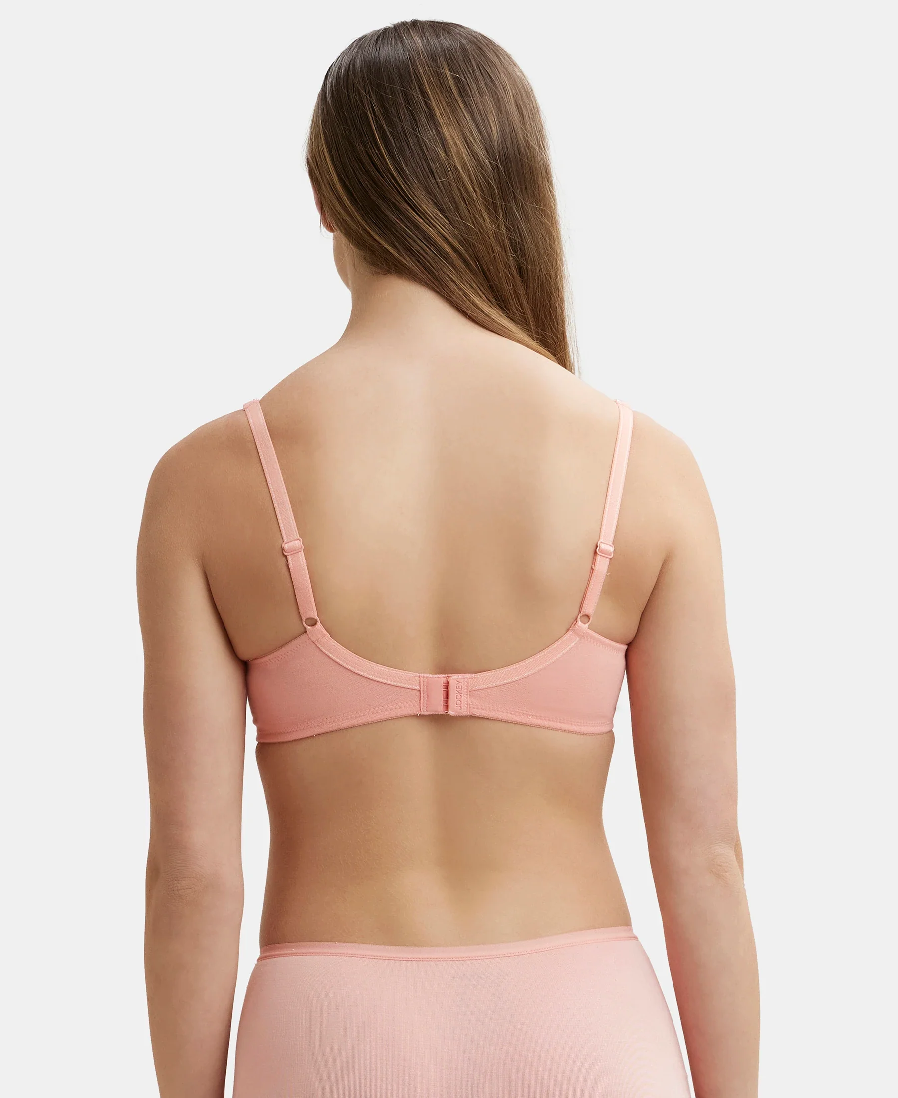 Wirefree Padded Super Combed Cotton Elastane Stretch Full Coverage T-Shirt Bra with Broad Fabric Straps - Candlelight Peach - Image 3