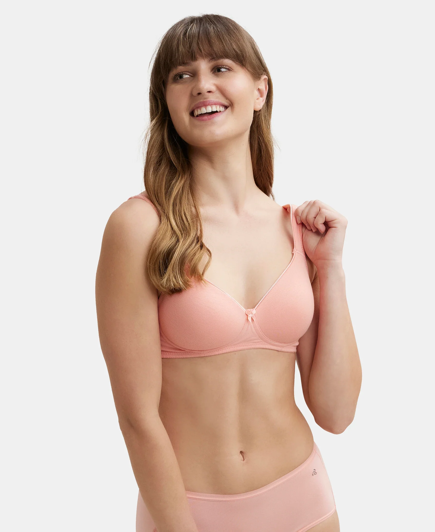 Wirefree Padded Super Combed Cotton Elastane Stretch Full Coverage T-Shirt Bra with Broad Fabric Straps - Candlelight Peach - Image 5