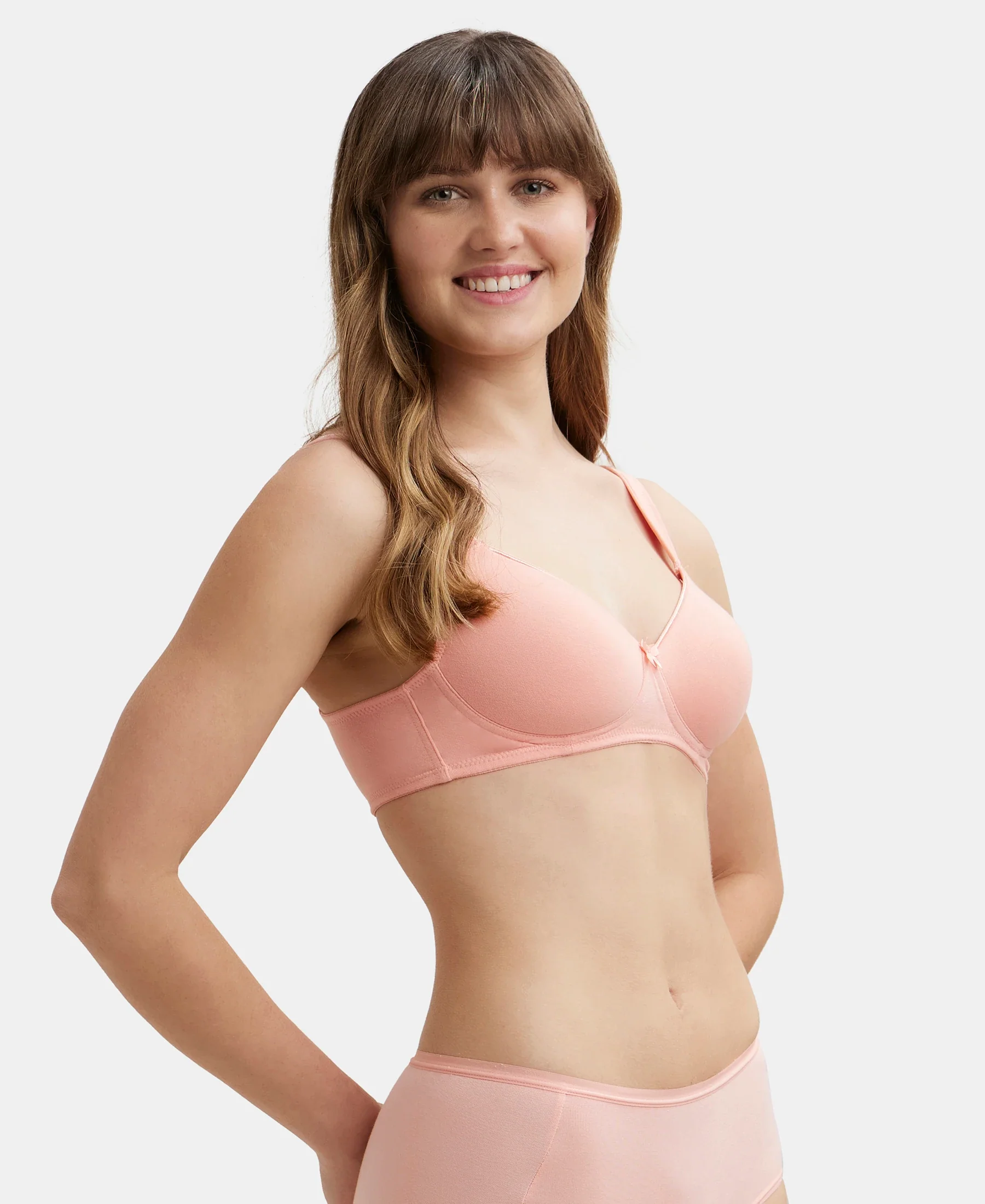 Wirefree Padded Super Combed Cotton Elastane Stretch Full Coverage T-Shirt Bra with Broad Fabric Straps - Candlelight Peach - Image 6