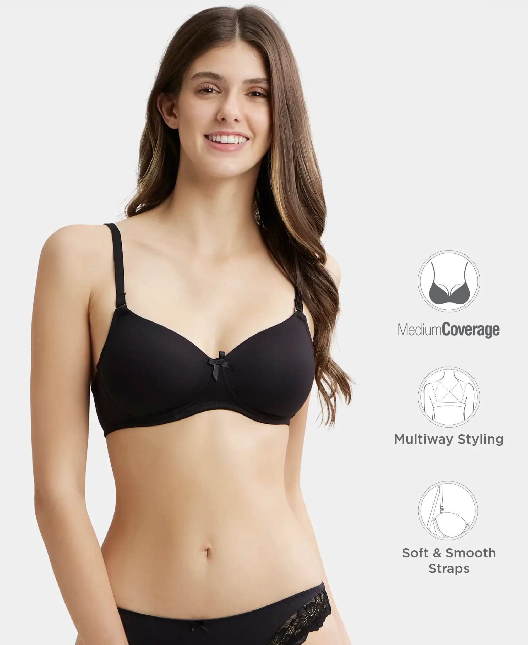 Wirefree Padded Super Combed Cotton Elastane Stretch Medium Coverage T-Shirt Bra with Detachable Straps - Black - Image 2