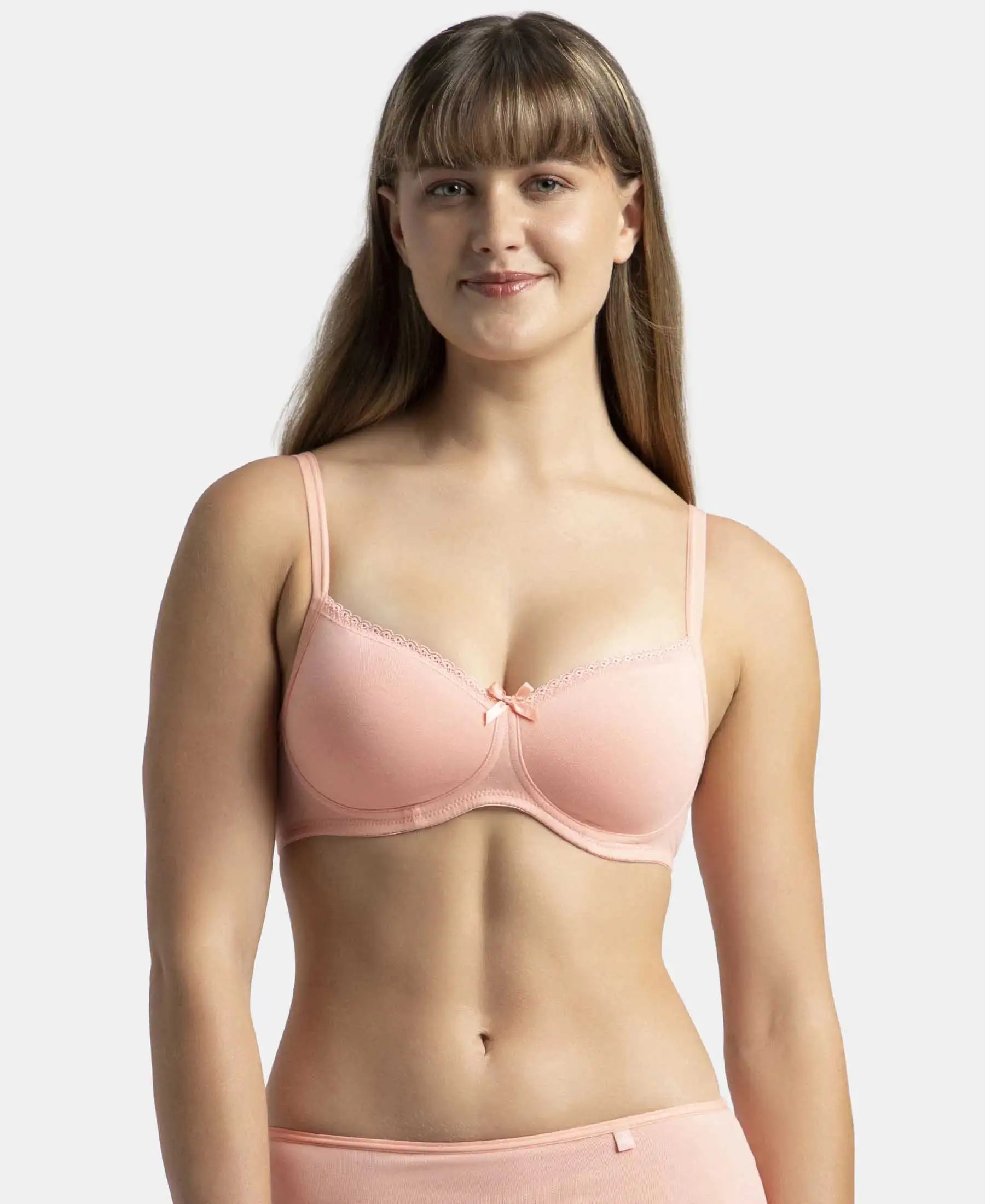 Wirefree Padded Super Combed Cotton Elastane Stretch Medium Coverage T-Shirt Bra with Lace Styling - Candlelight Peach