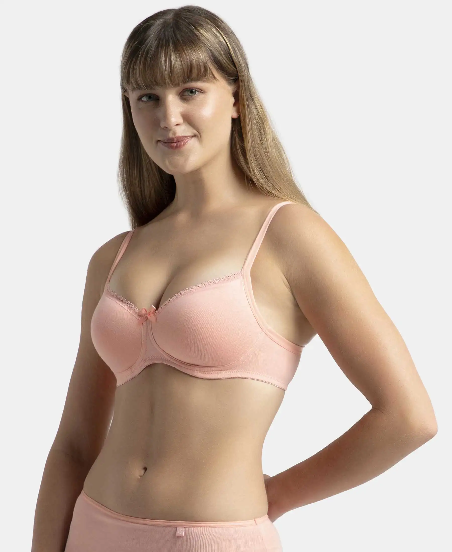 Wirefree Padded Super Combed Cotton Elastane Stretch Medium Coverage T-Shirt Bra with Lace Styling - Candlelight Peach - Image 6