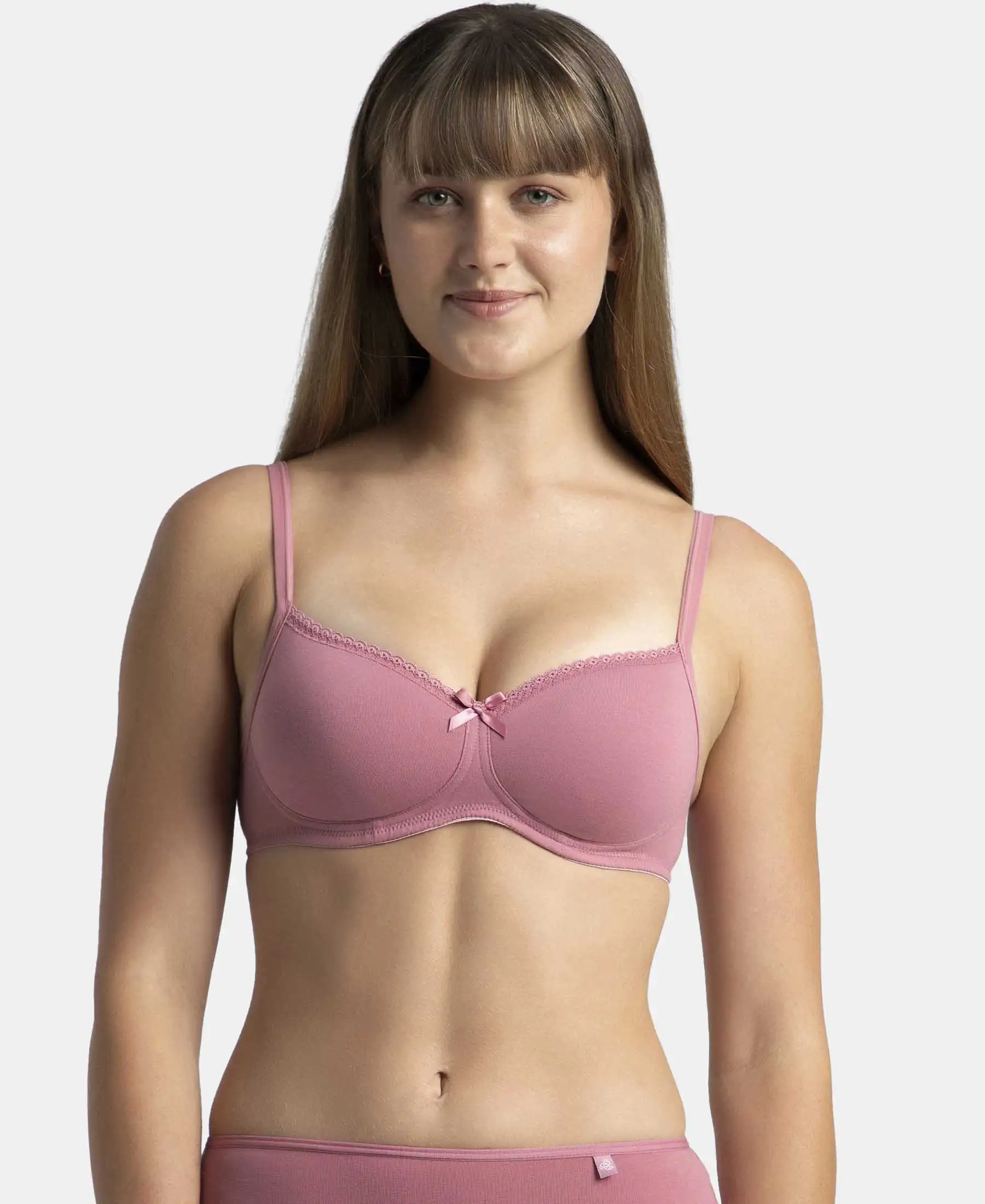 Wirefree Padded Super Combed Cotton Elastane Stretch Medium Coverage T-Shirt Bra with Lace Styling - Heather Rose - Image 6