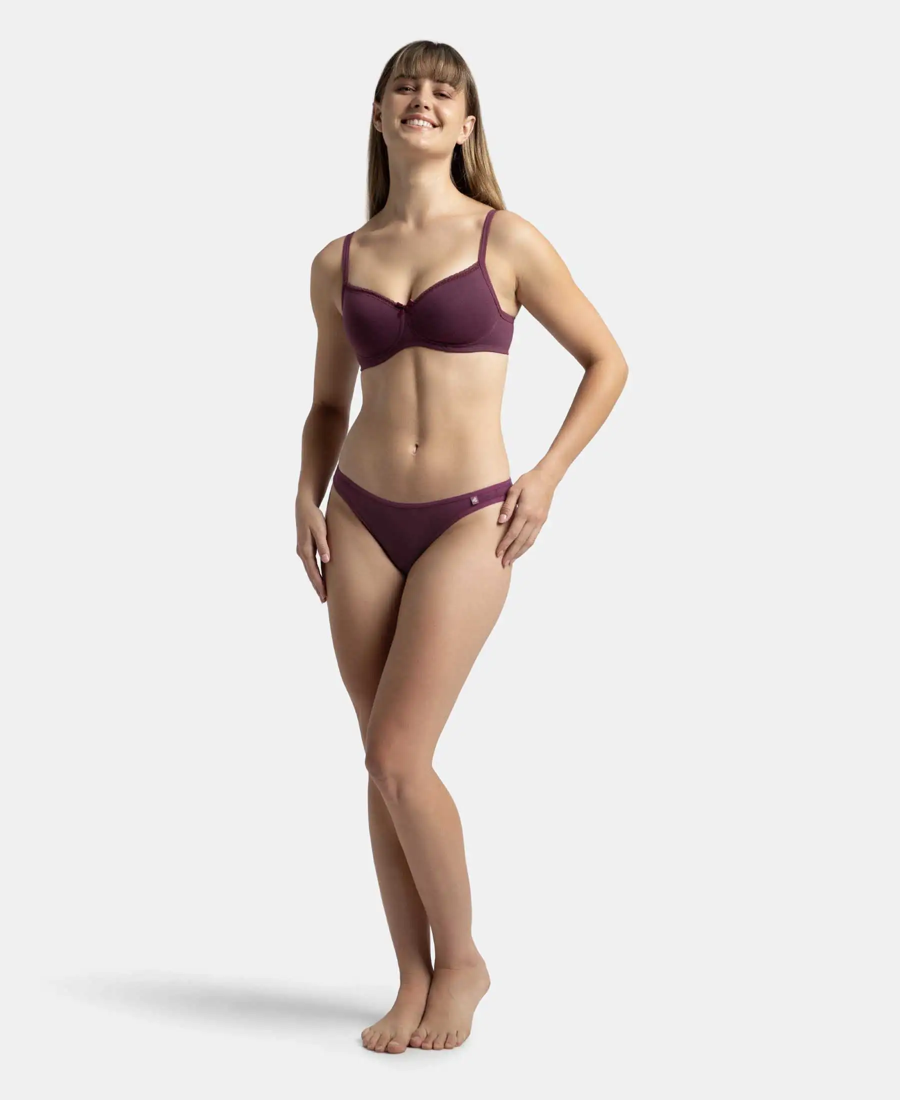 Wirefree Padded Super Combed Cotton Elastane Stretch Medium Coverage T-Shirt Bra with Lace Styling - Prune - Image 4