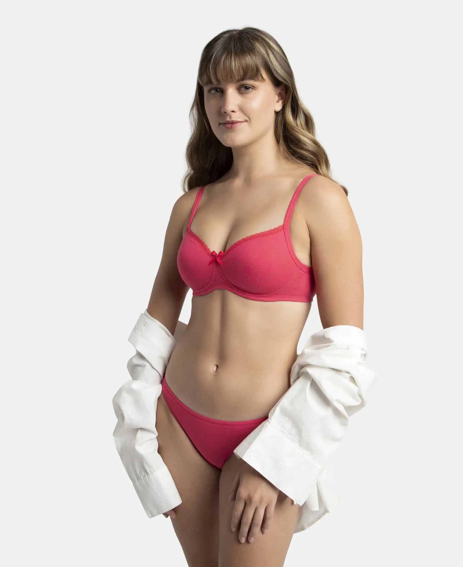 Wirefree Padded Super Combed Cotton Elastane Stretch Medium Coverage T-Shirt Bra with Lace Styling - Ruby - Image 12
