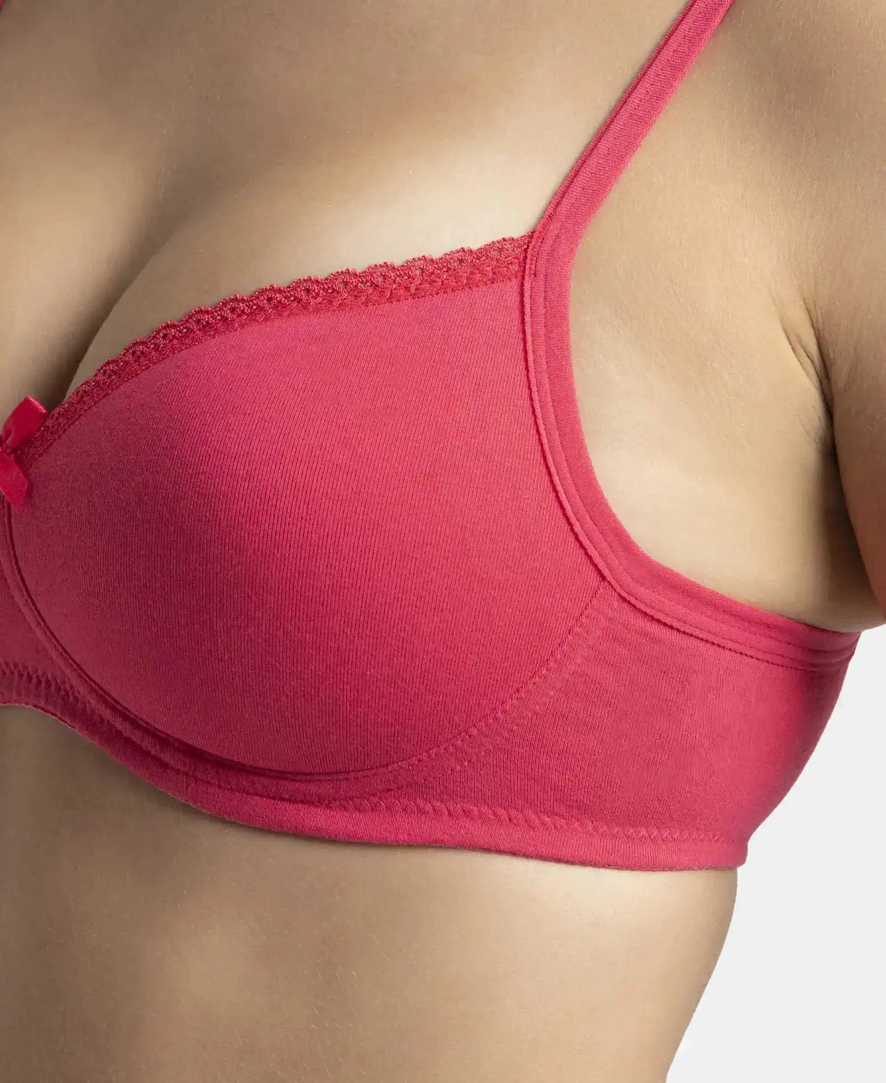Wirefree Padded Super Combed Cotton Elastane Stretch Medium Coverage T-Shirt Bra with Lace Styling - Ruby - Image 16