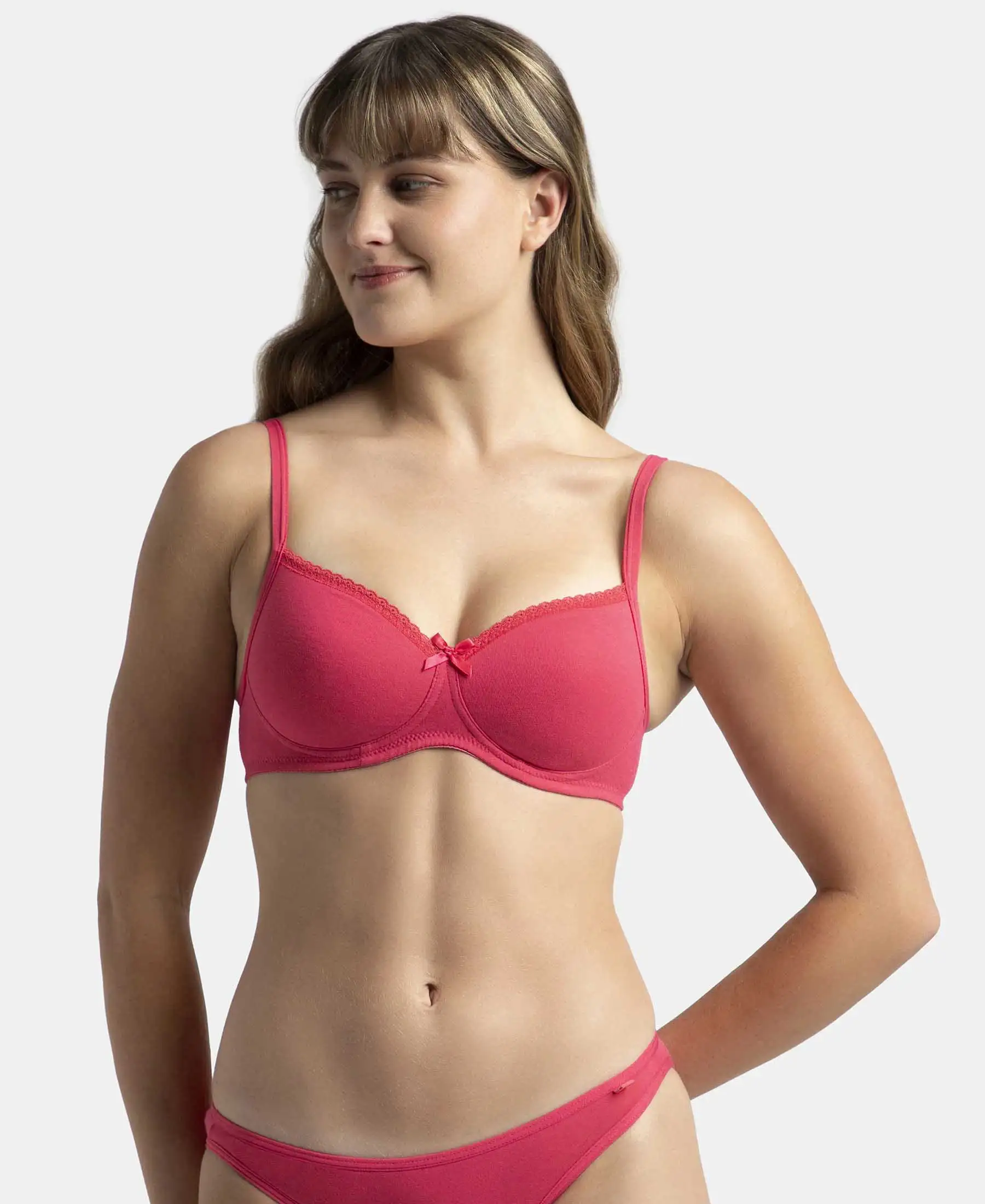 Wirefree Padded Super Combed Cotton Elastane Stretch Medium Coverage T-Shirt Bra with Lace Styling - Ruby - Image 9