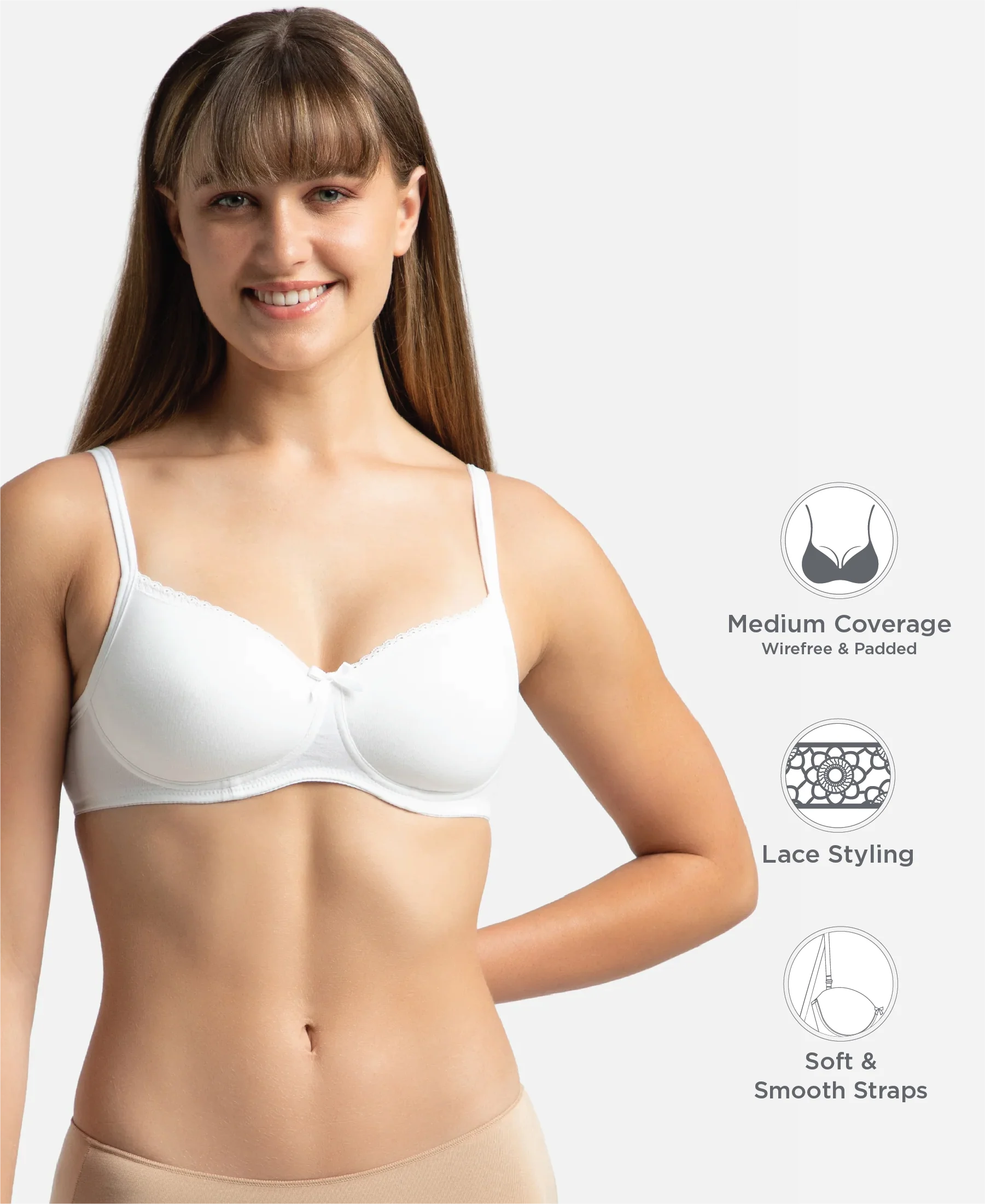 Wirefree Padded Super Combed Cotton Elastane Stretch Medium Coverage T-Shirt Bra with Lace Styling - White - Image 2