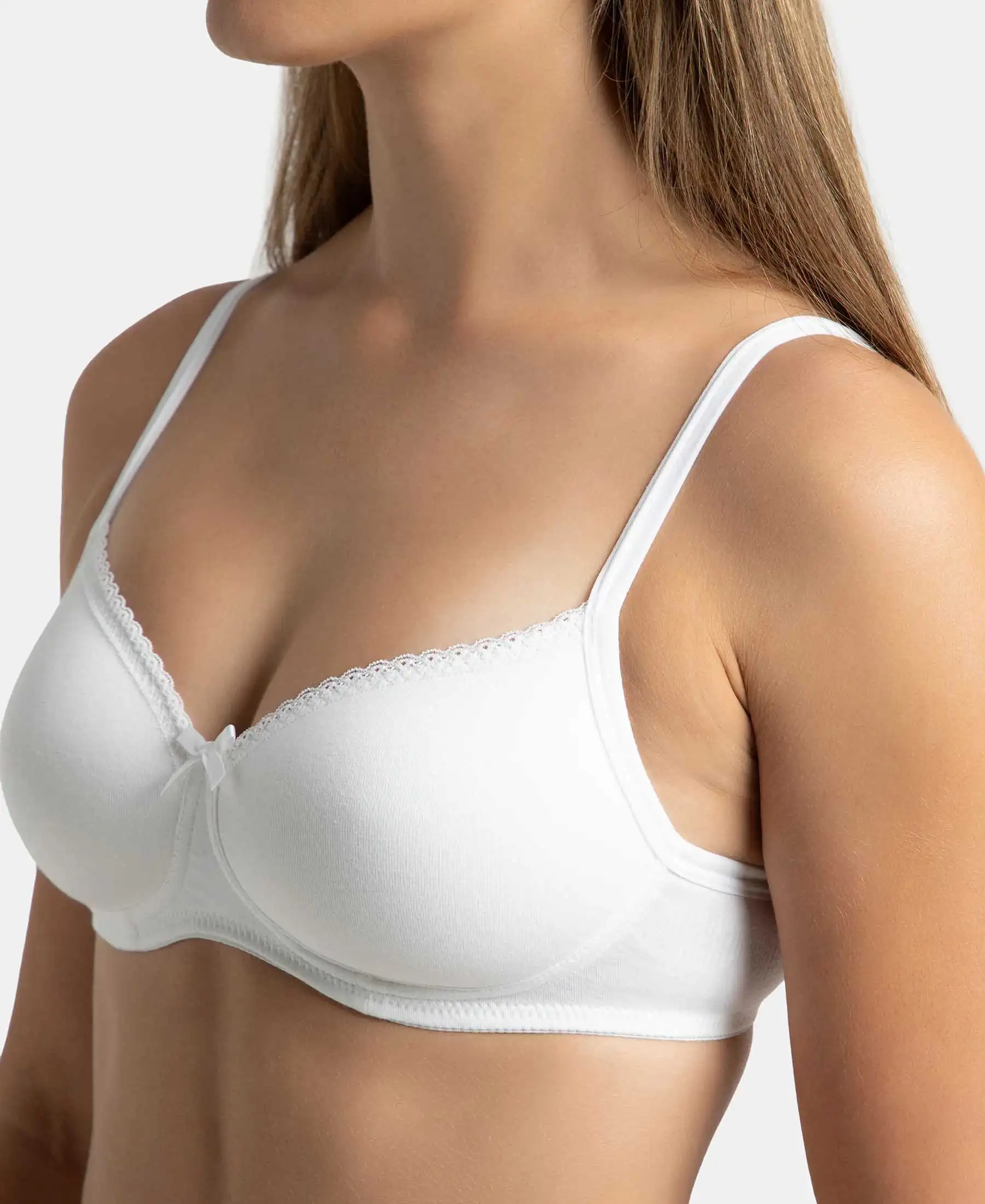 Wirefree Padded Super Combed Cotton Elastane Stretch Medium Coverage T-Shirt Bra with Lace Styling - White - Image 9