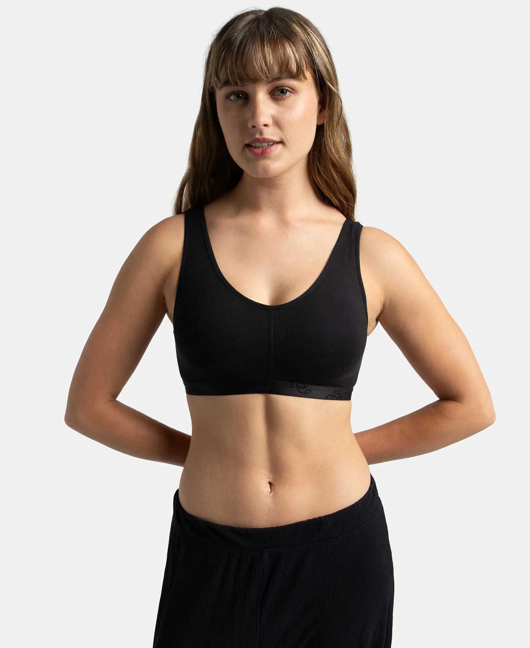 Wirefree Padded Super Combed Cotton Elastane Stretch Full Coverage Lounge and Sleep Bra with Removable Pads - Black - Image 5