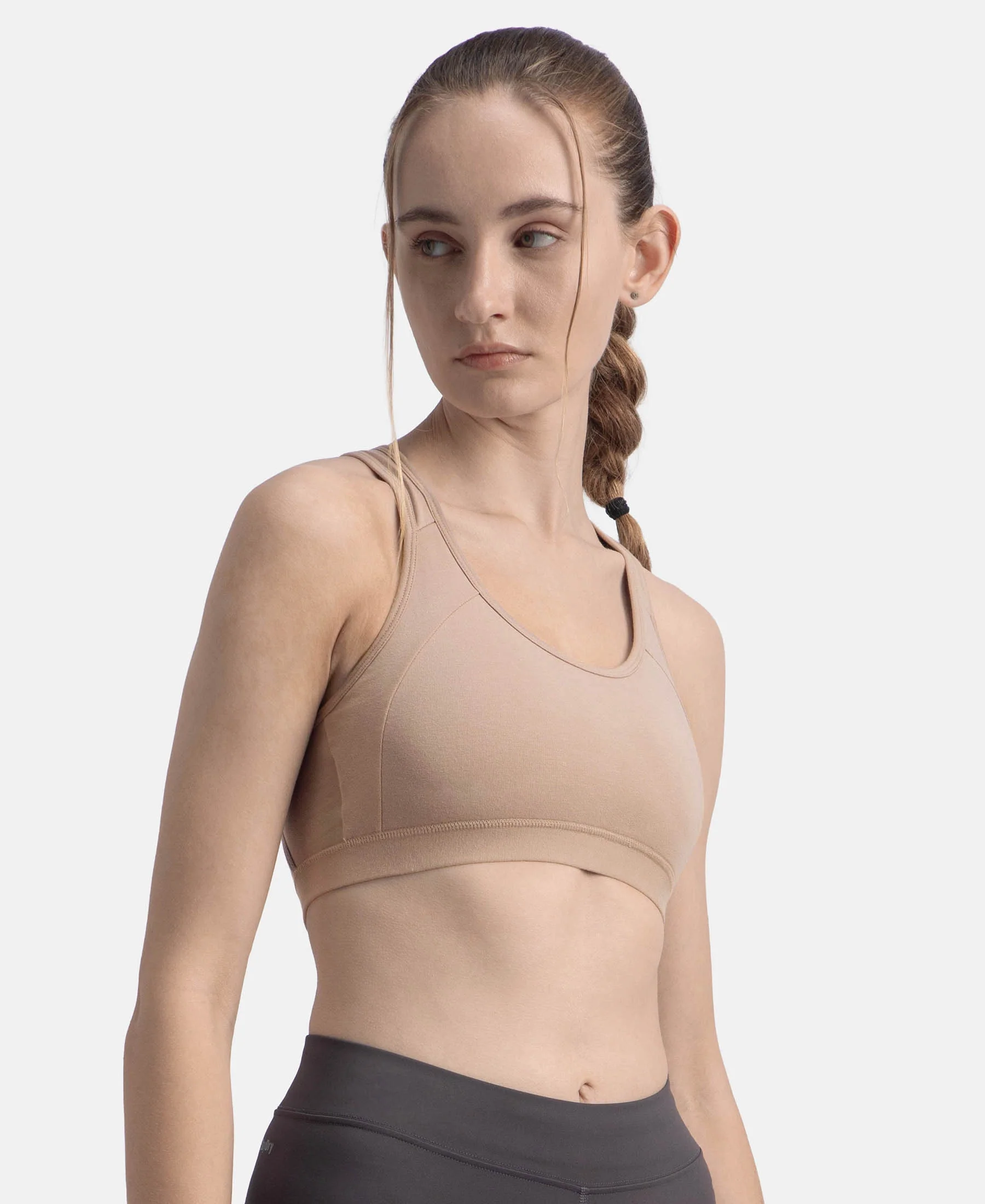 Wirefree Padded Super Combed Cotton Elastane Stretch Full Coverage Racerback Styling Active Bra with StayFresh and Moisture Move Treatment - Mocha - Image 2