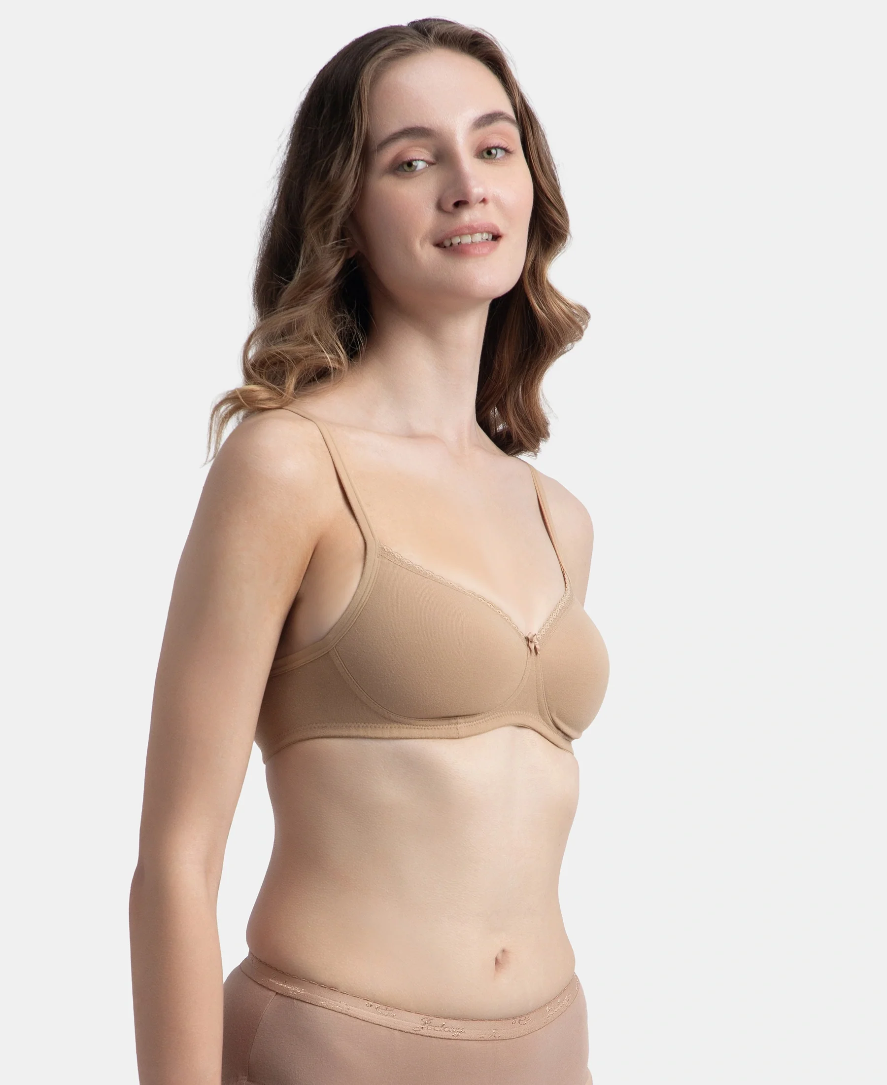 Wirefree Padded Super Combed Cotton Elastane Stretch Medium Coverage T-Shirt Bra with Lace Styling - Almondine - Image 2