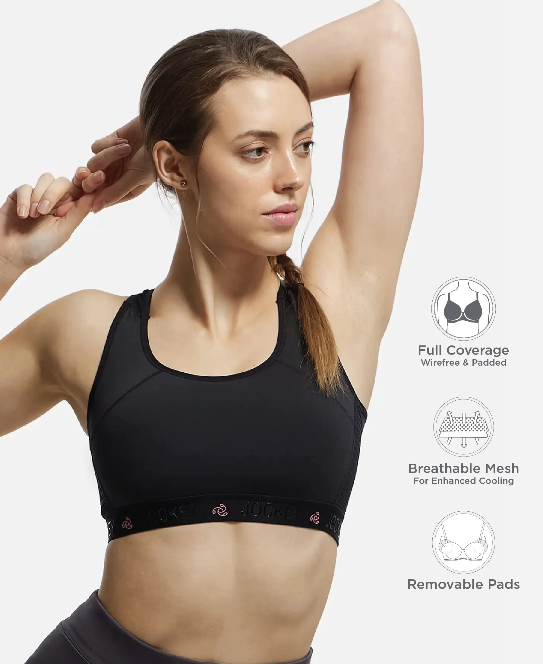 Wirefree Padded Tactel Nylon Elastane Stretch Full Coverage Racerback Styling Sports Bra with StayFresh and StayDry Treatment - Black - Image 2