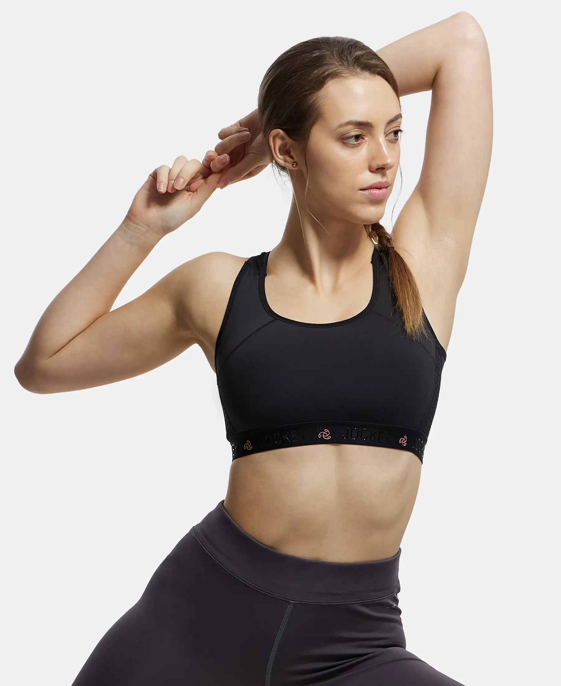 Wirefree Padded Tactel Nylon Elastane Stretch Full Coverage Racerback Styling Sports Bra with StayFresh and StayDry Treatment - Black - Image 5