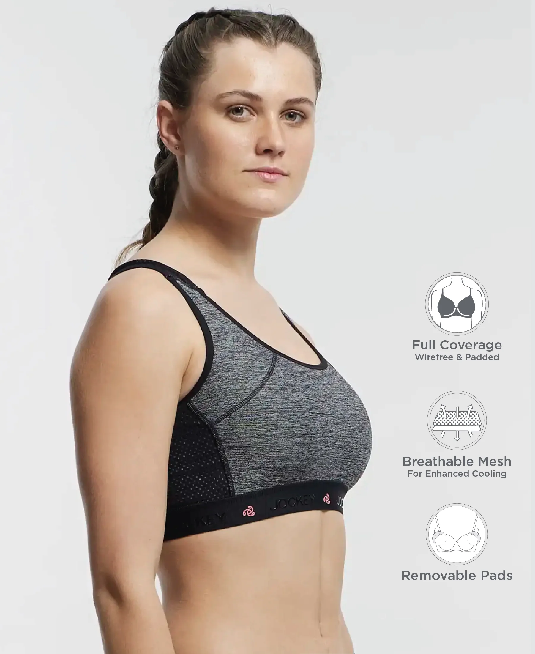 Wirefree Padded Tactel Nylon Elastane Stretch Full Coverage Racerback Styling Sports Bra with StayFresh and StayDry Treatment - Black Melange - Image 2