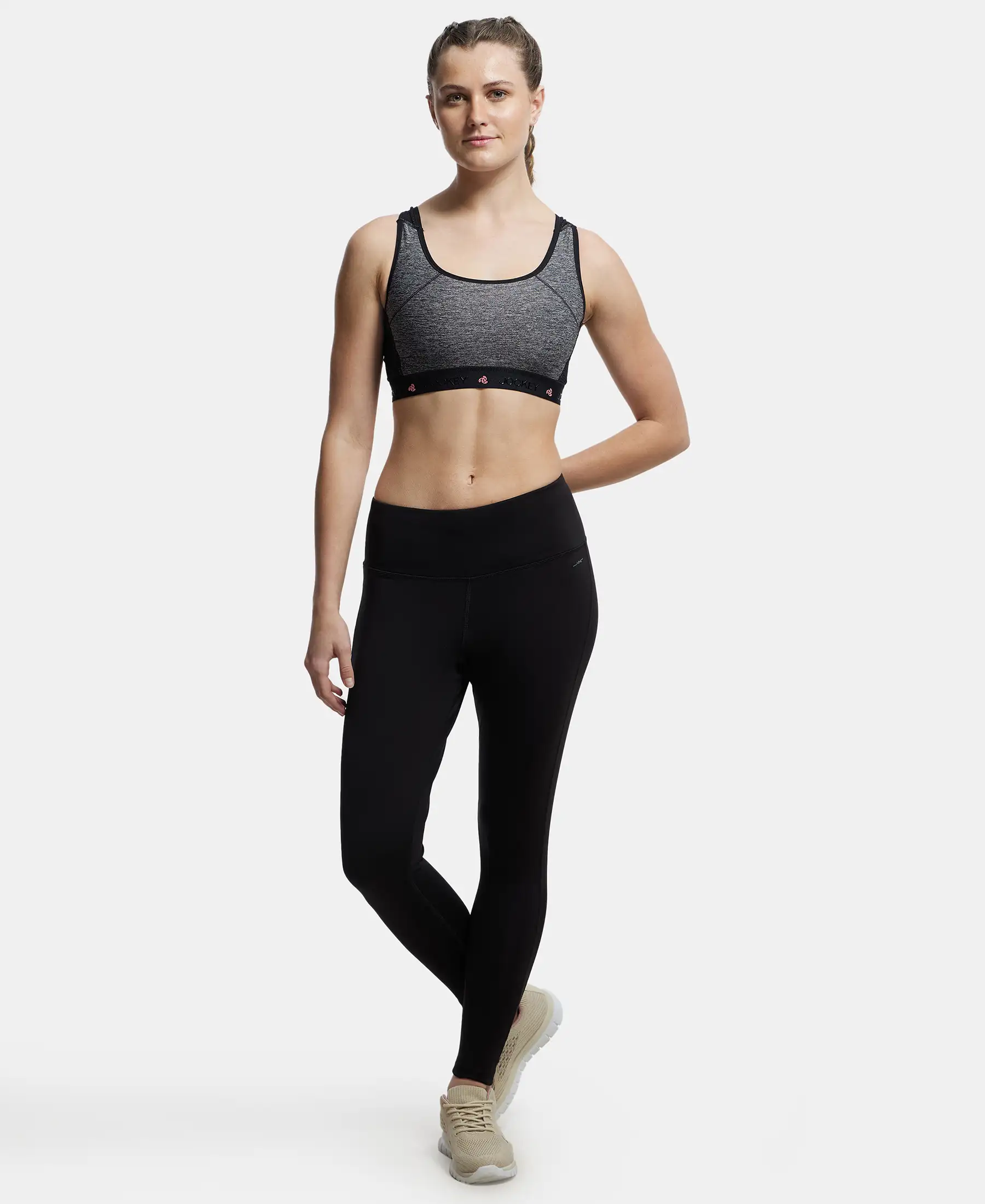 Wirefree Padded Tactel Nylon Elastane Stretch Full Coverage Racerback Styling Sports Bra with StayFresh and StayDry Treatment - Black Melange - Image 4