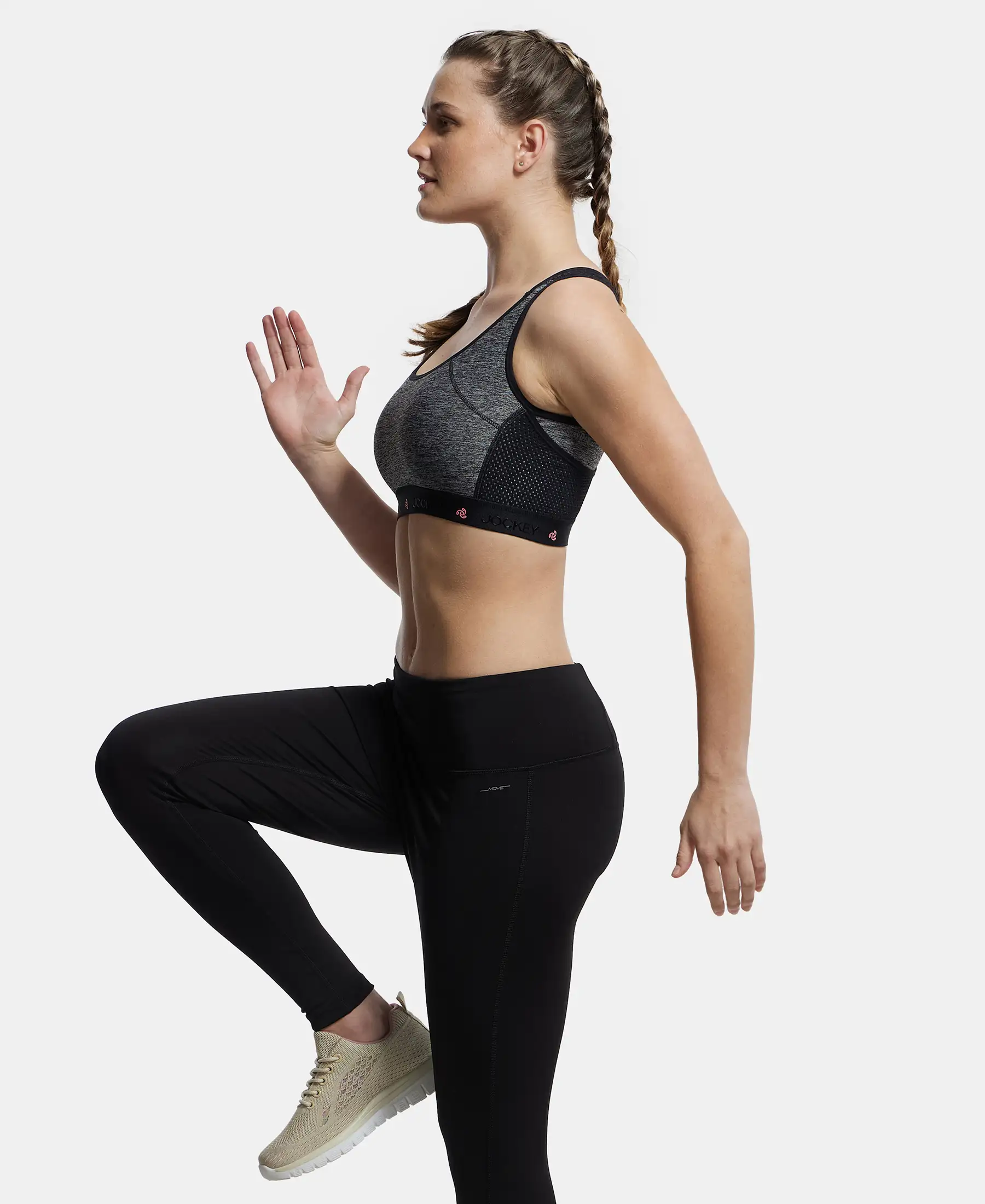 Wirefree Padded Tactel Nylon Elastane Stretch Full Coverage Racerback Styling Sports Bra with StayFresh and StayDry Treatment - Black Melange - Image 7