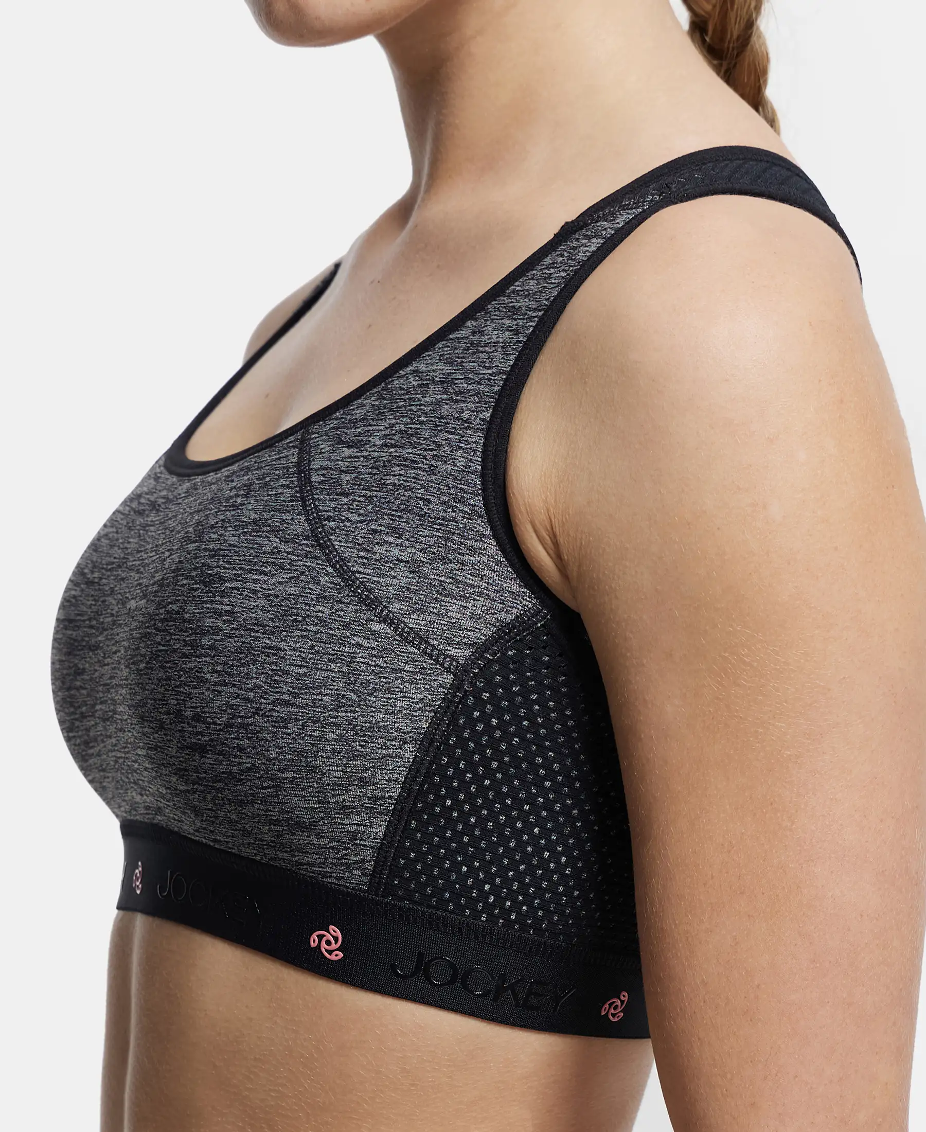 Wirefree Padded Tactel Nylon Elastane Stretch Full Coverage Racerback Styling Sports Bra with StayFresh and StayDry Treatment - Black Melange - Image 8
