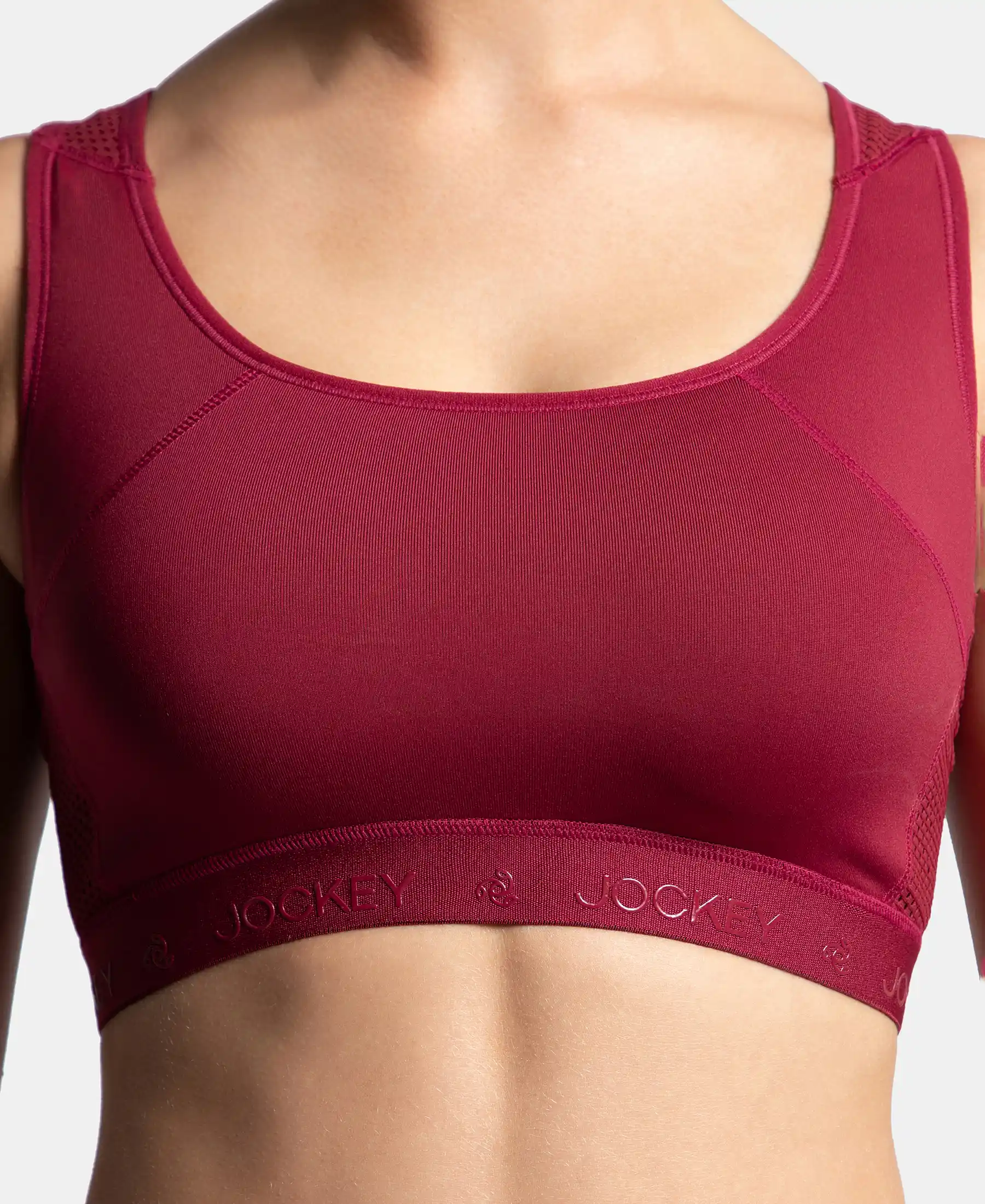 Wirefree Padded Tactel Nylon Elastane Stretch Full Coverage Racerback Styling Sports Bra with StayFresh and StayDry Treatment - Claret - Image 6