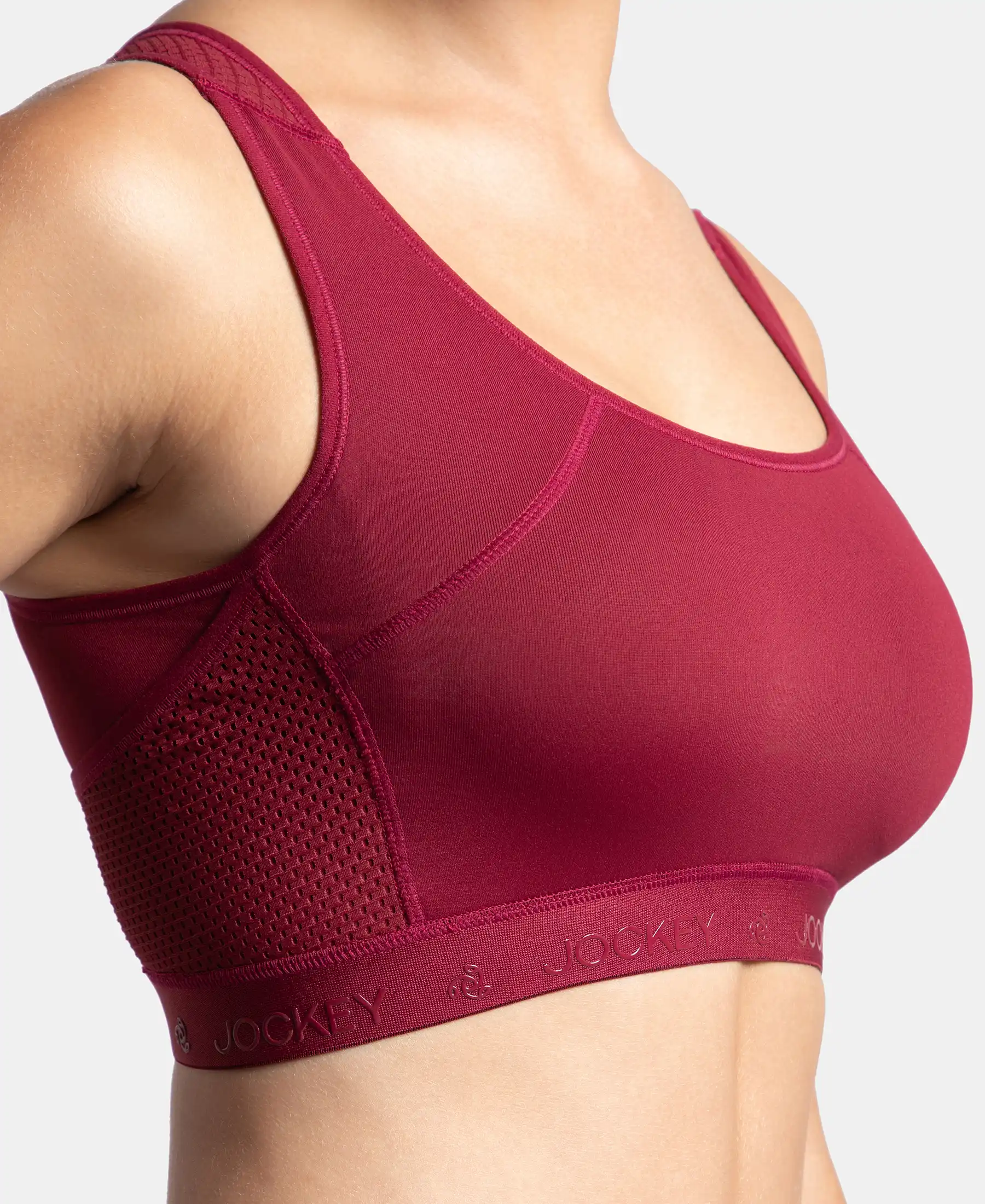 Wirefree Padded Tactel Nylon Elastane Stretch Full Coverage Racerback Styling Sports Bra with StayFresh and StayDry Treatment - Claret - Image 8