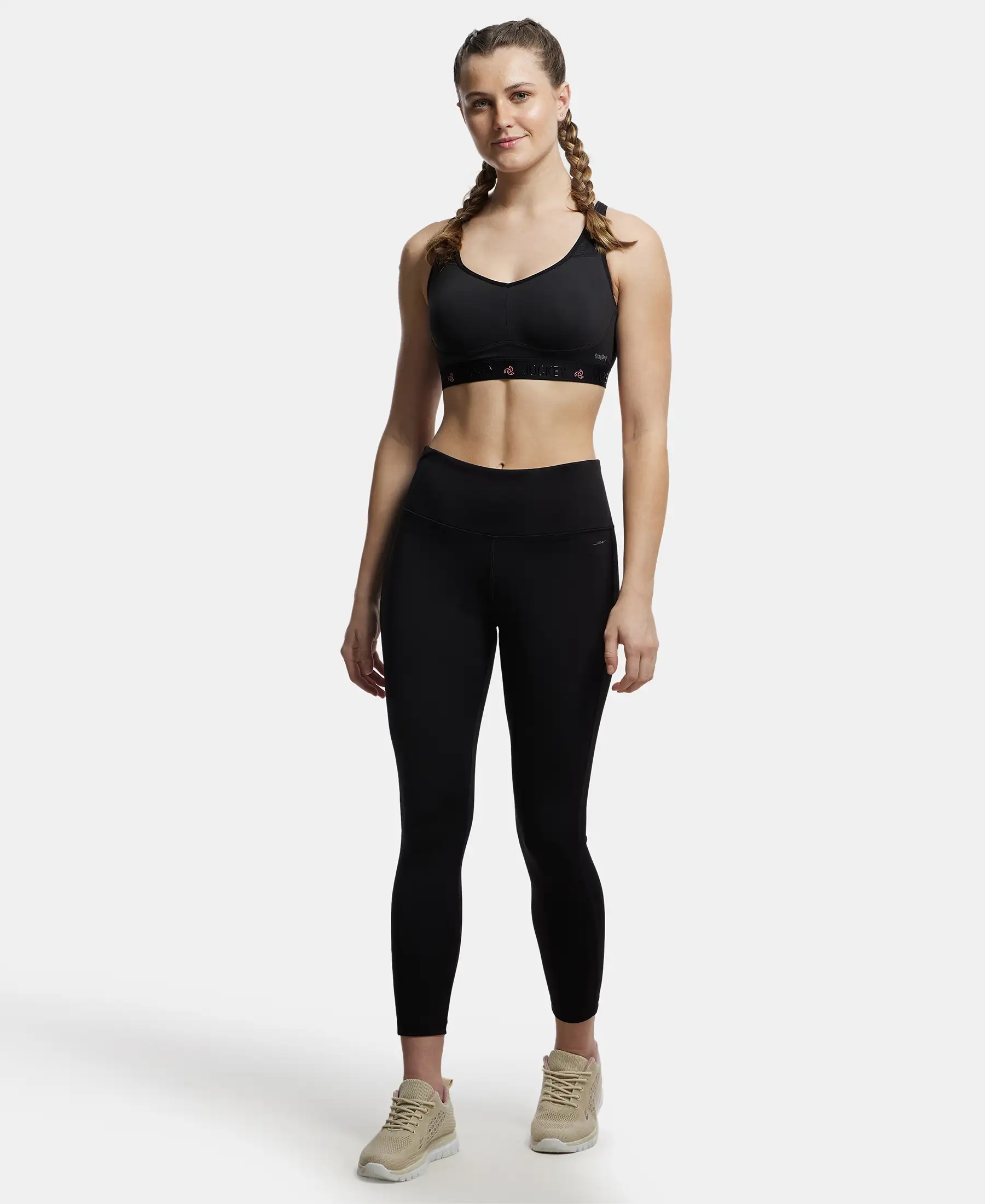 Wirefree Padded Tactel Nylon Elastane Stretch Full Coverage Sports Bra with Optional Cross Back Styling - Black - Image 4