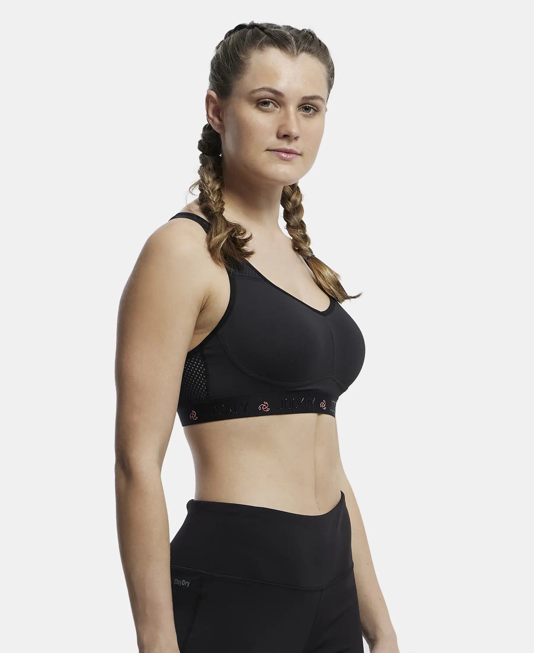 Wirefree Padded Tactel Nylon Elastane Stretch Full Coverage Sports Bra with Optional Cross Back Styling - Black - Image 6