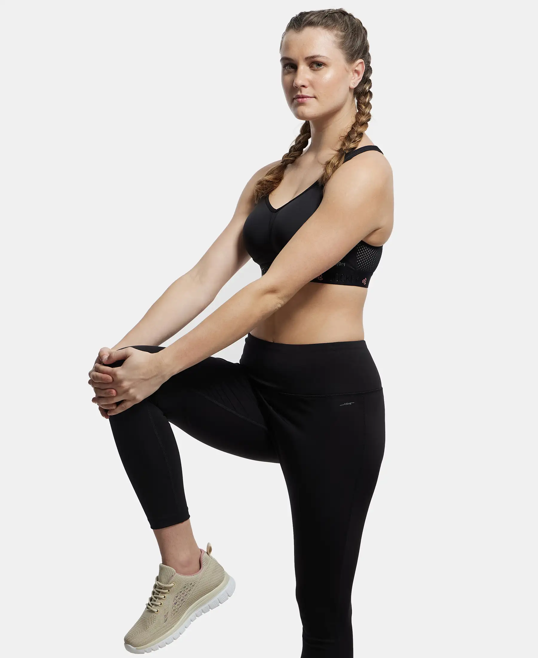 Wirefree Padded Tactel Nylon Elastane Stretch Full Coverage Sports Bra with Optional Cross Back Styling - Black - Image 7