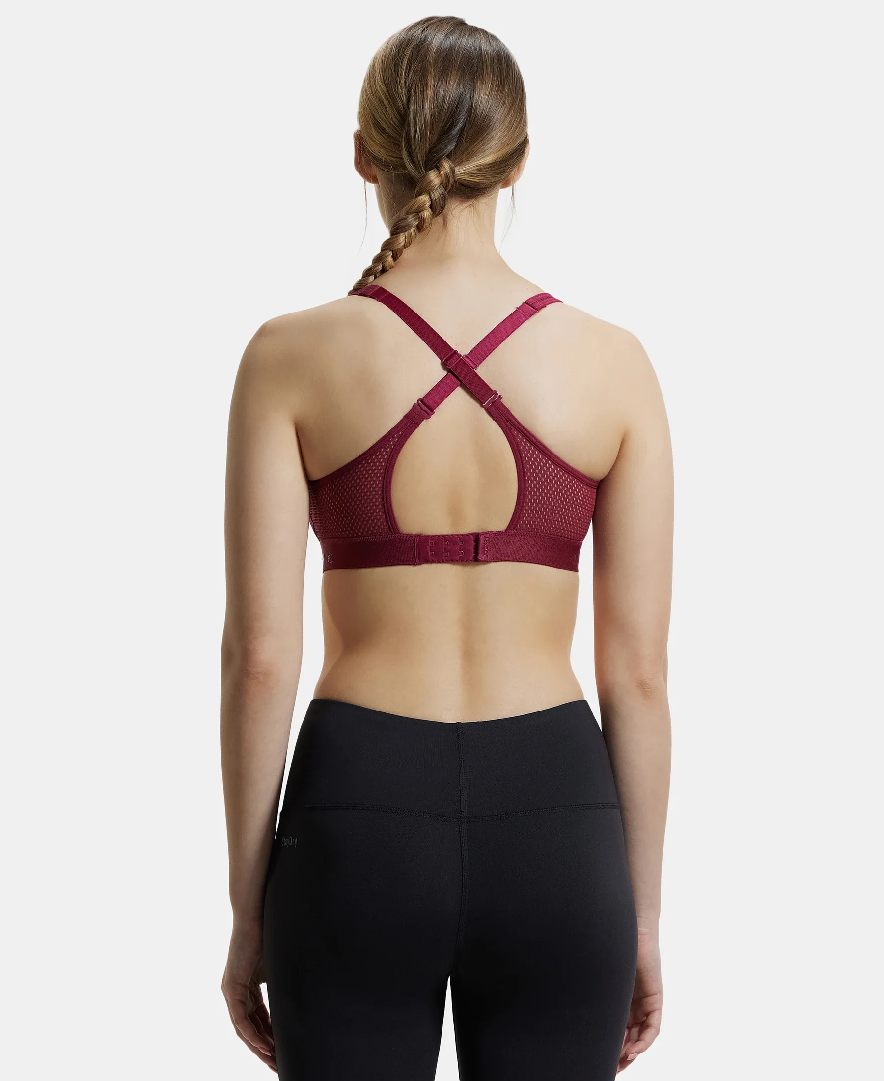 Wirefree Padded Tactel Nylon Elastane Stretch Full Coverage Sports Bra with Optional Cross Back Styling - Claret - Image 3