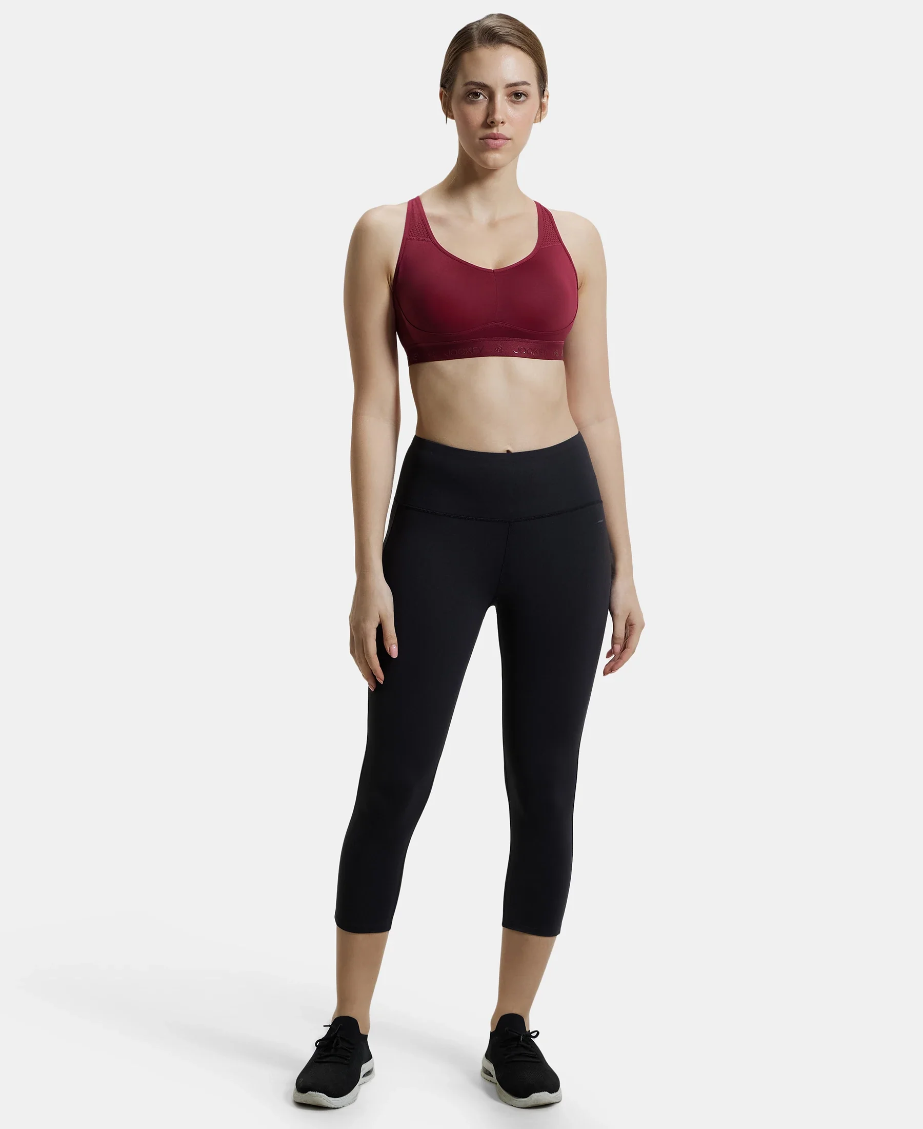 Wirefree Padded Tactel Nylon Elastane Stretch Full Coverage Sports Bra with Optional Cross Back Styling - Claret - Image 4