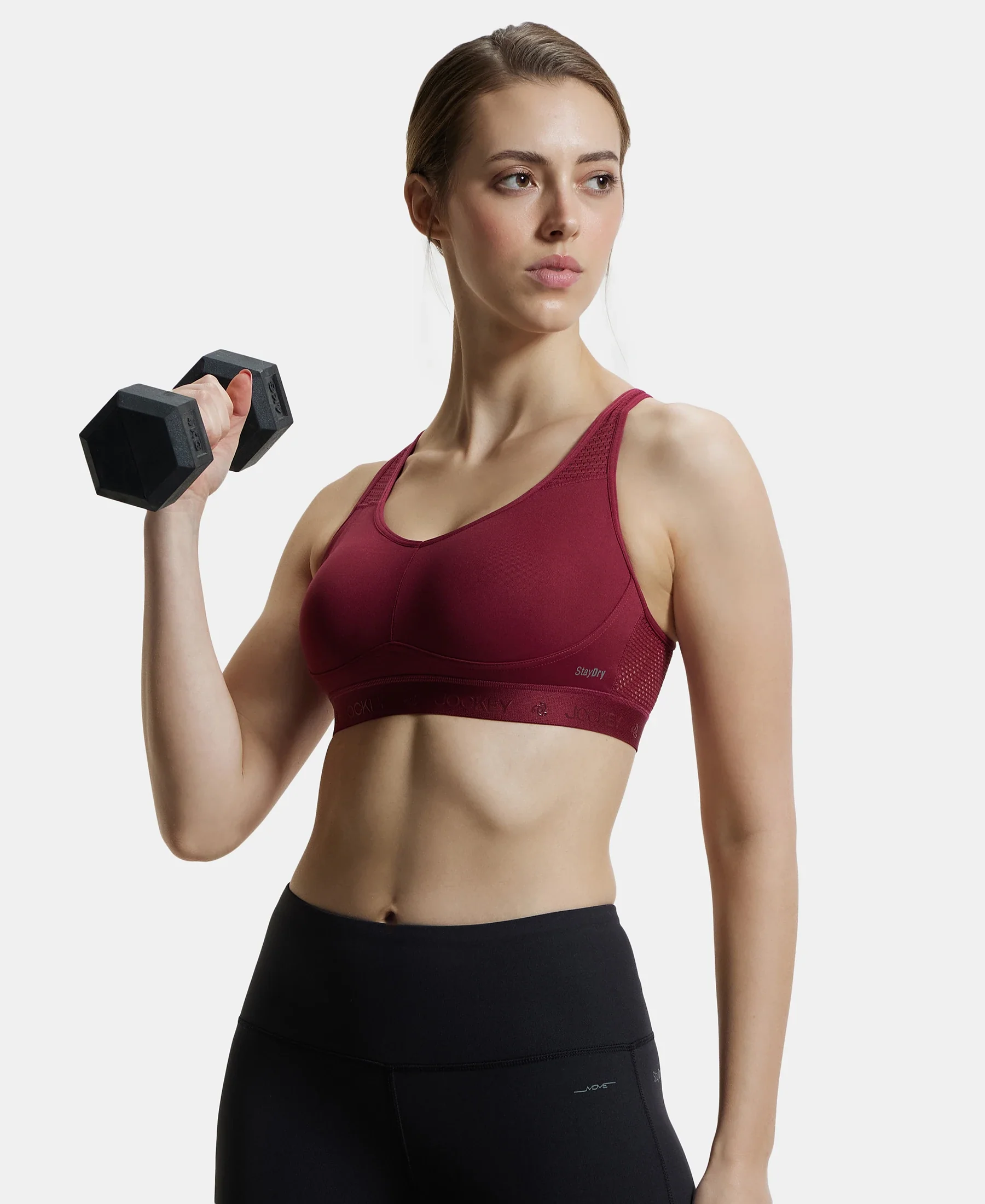 Wirefree Padded Tactel Nylon Elastane Stretch Full Coverage Sports Bra with Optional Cross Back Styling - Claret - Image 5