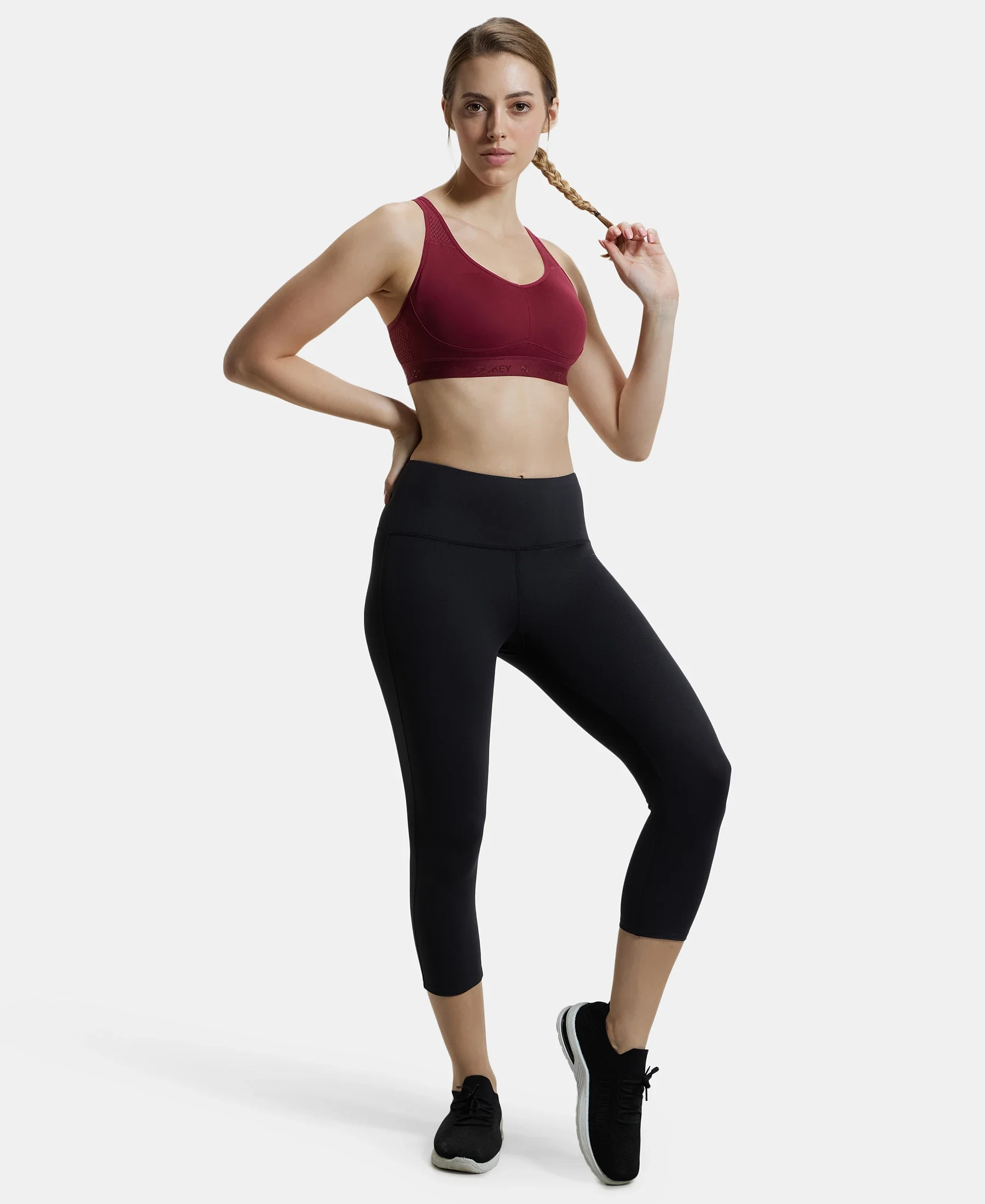 Wirefree Padded Tactel Nylon Elastane Stretch Full Coverage Sports Bra with Optional Cross Back Styling - Claret - Image 7