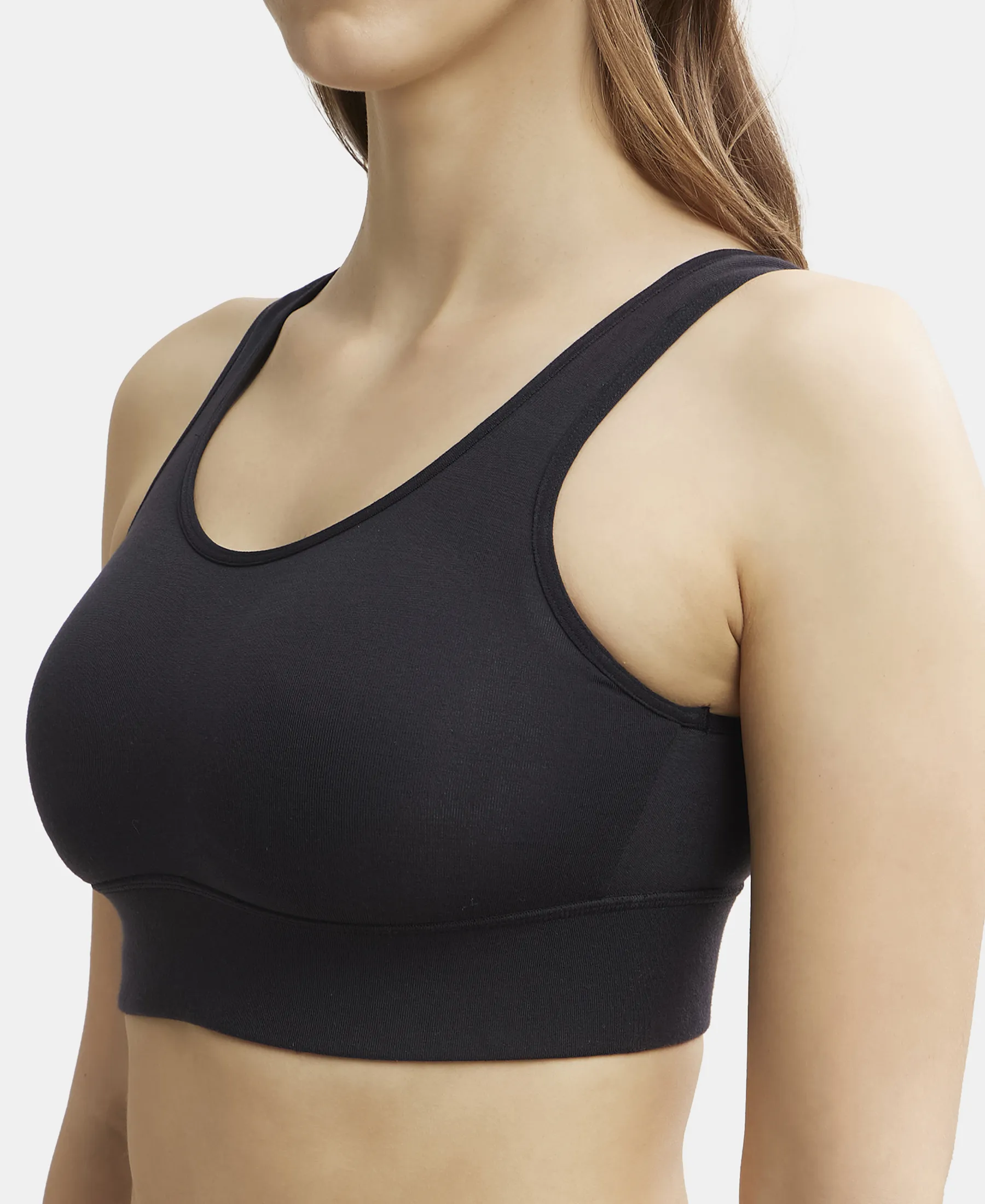Wirefree Padded Tencel Lyocell Elastane Stretch Full Coverage Lounge Bra with Stay Fresh Properties and Removable Pads - Black - Image 8