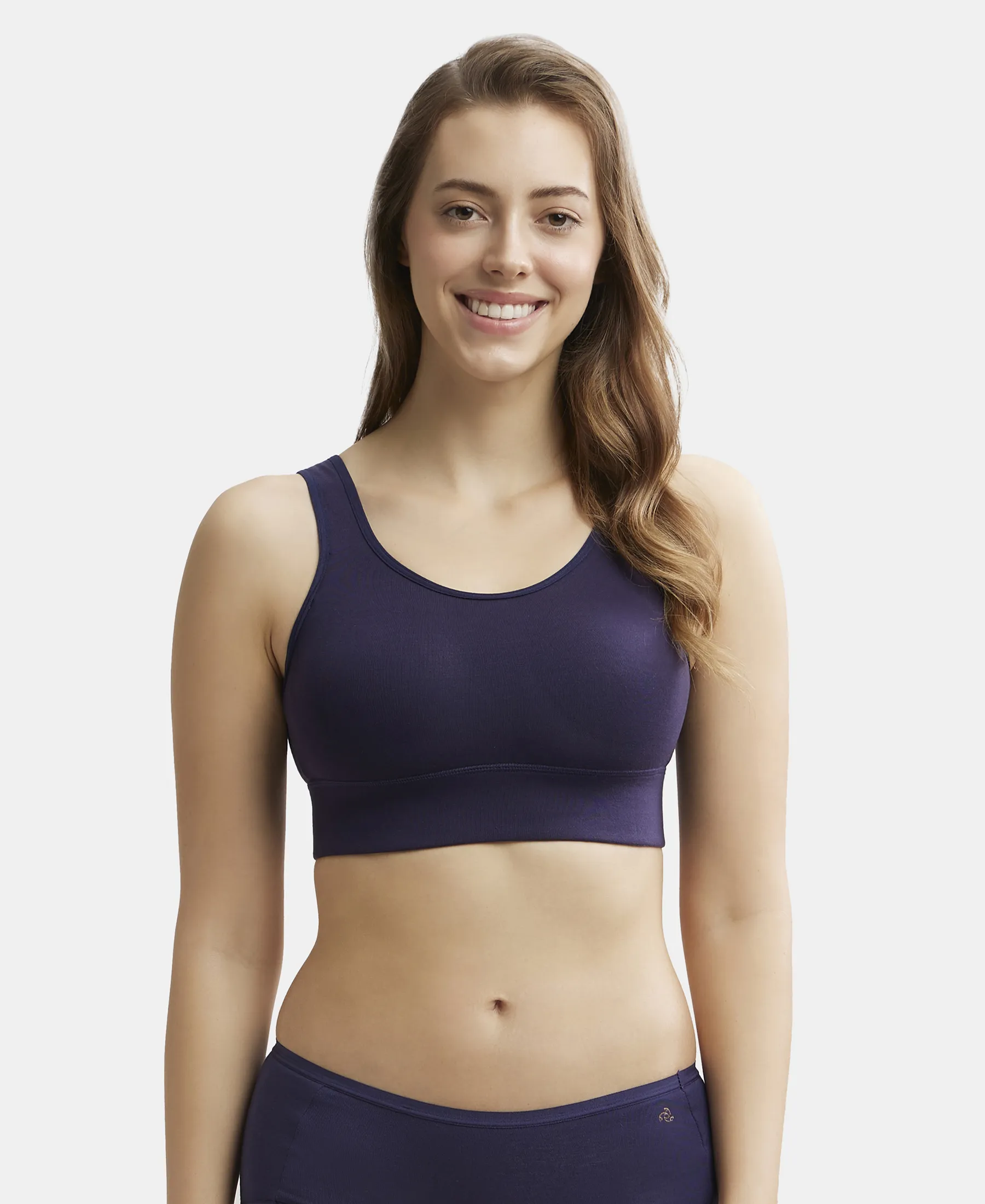 Wirefree Padded Tencel Lyocell Elastane Stretch Full Coverage Lounge Bra with Stay Fresh Properties and Removable Pads - Classic Navy