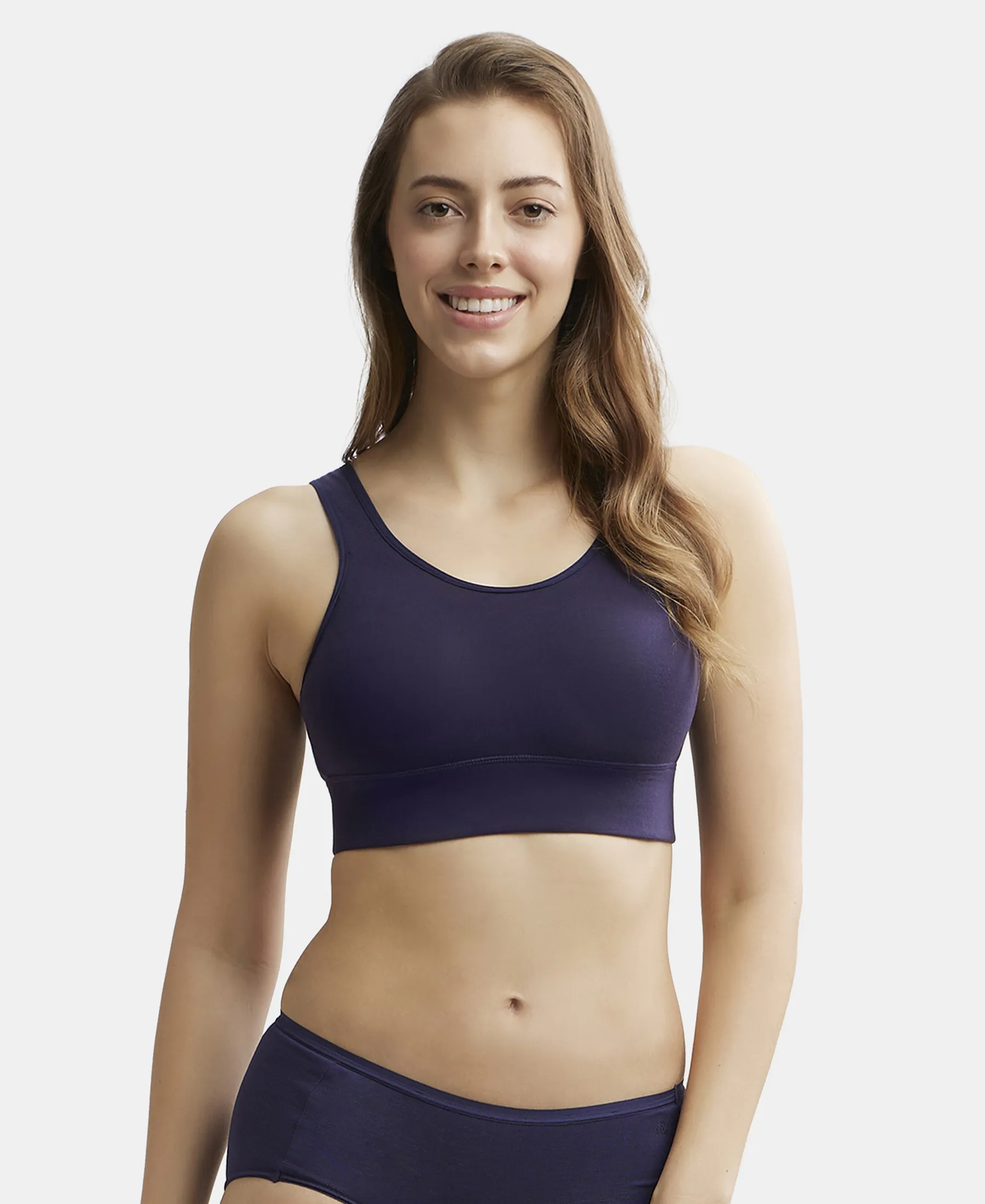 Wirefree Padded Tencel Lyocell Elastane Stretch Full Coverage Lounge Bra with Stay Fresh Properties and Removable Pads - Classic Navy - Image 5