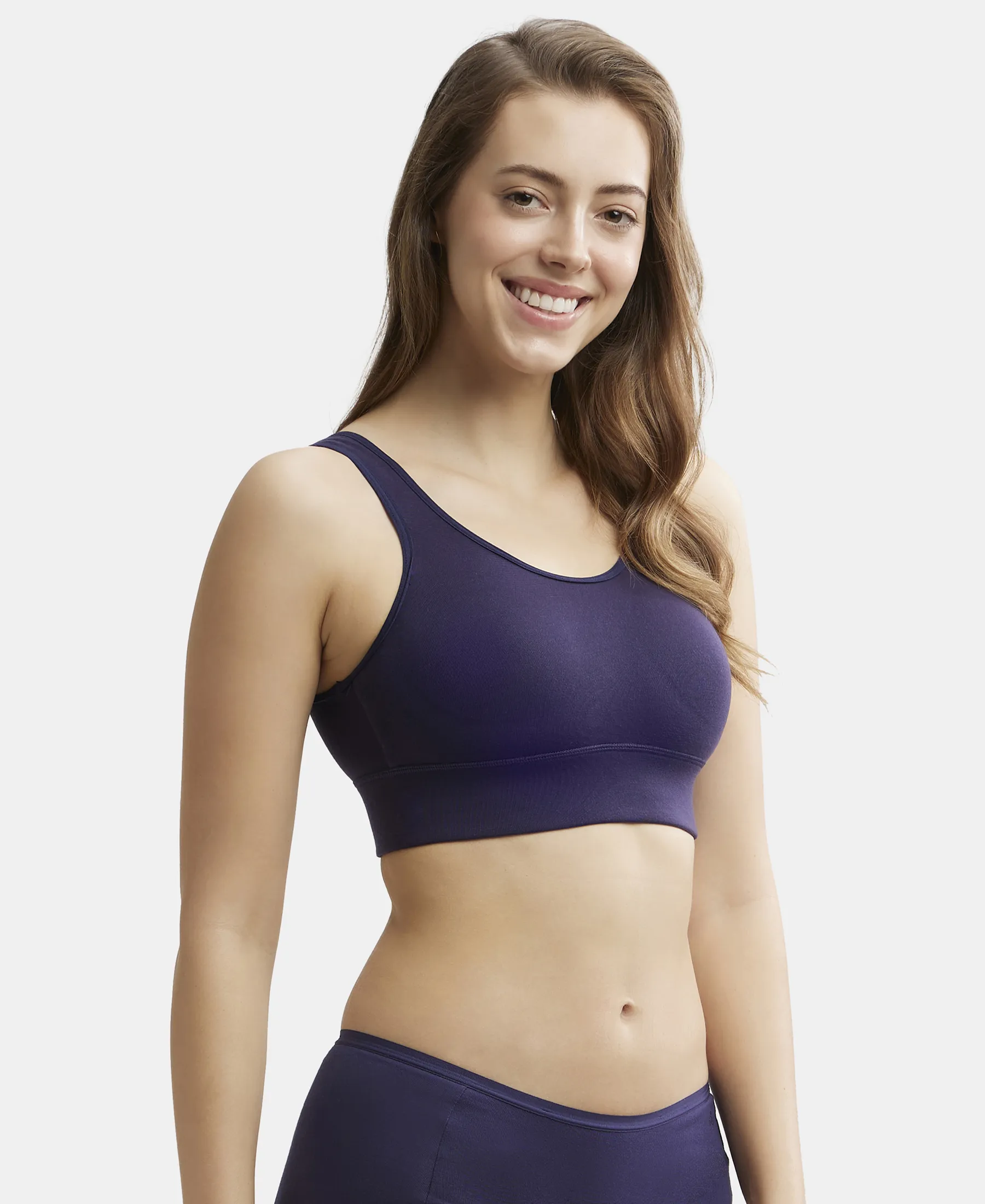 Wirefree Padded Tencel Lyocell Elastane Stretch Full Coverage Lounge Bra with Stay Fresh Properties and Removable Pads - Classic Navy - Image 6