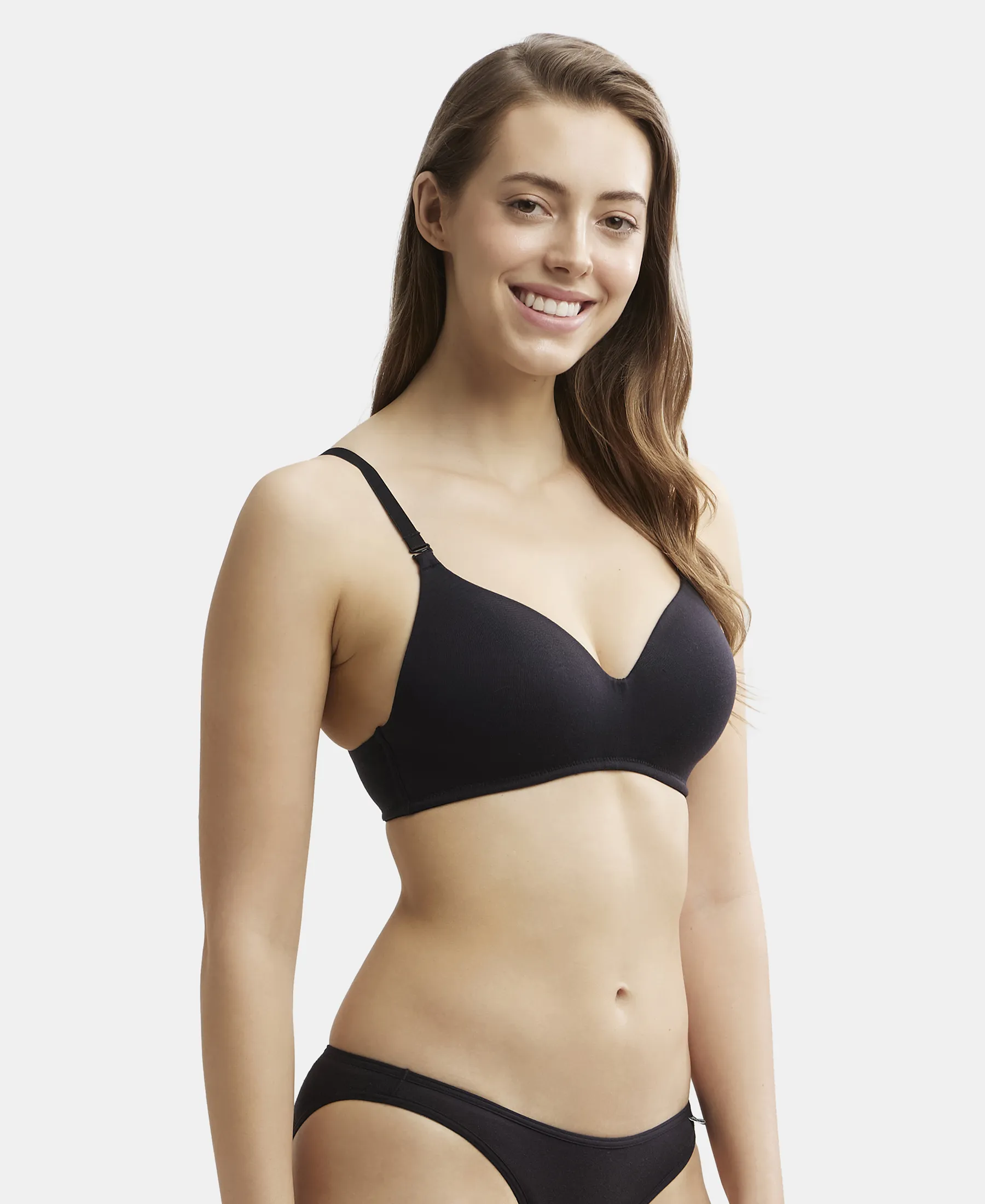 Wirefree Padded Tencel Lyocell Elastane Stretch Full Coverage Multiway T-Shirt Bra with Adjustable Straps - Black - Image 2