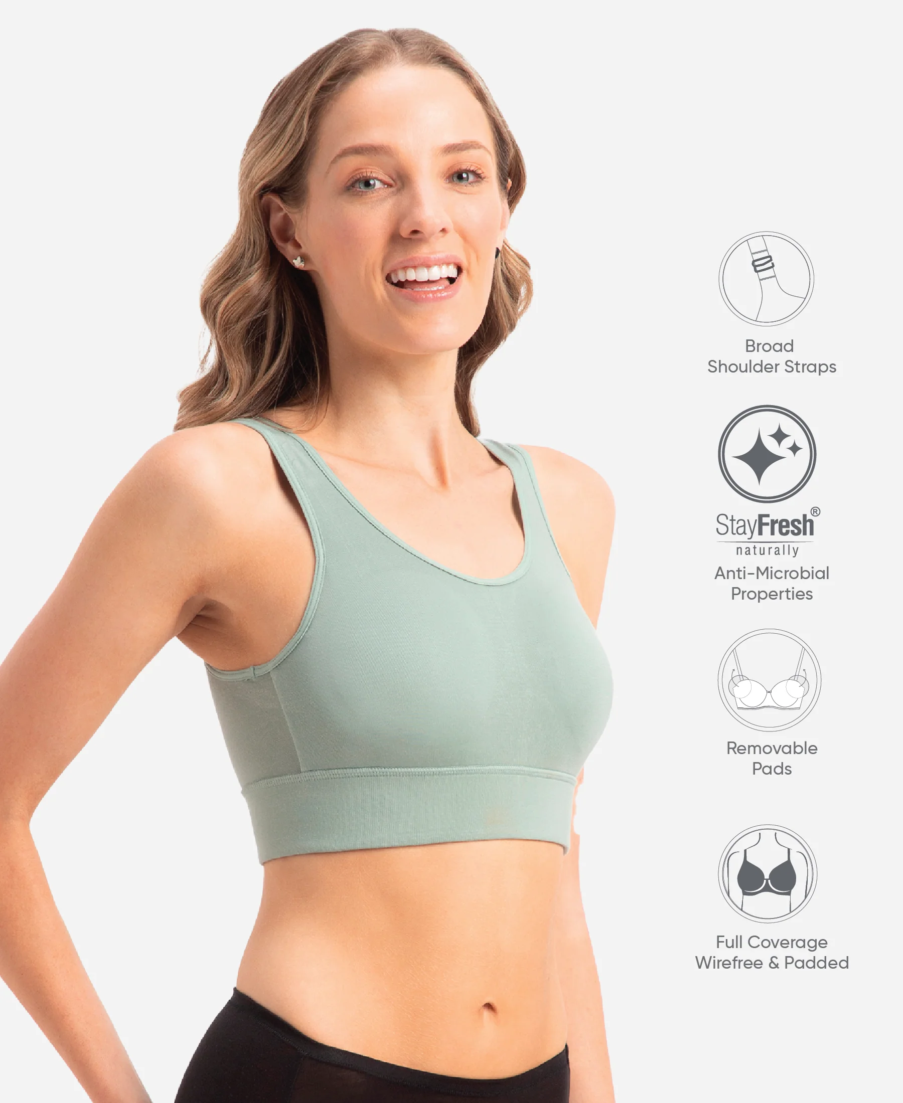 Wirefree Padded Tencel Lyocell Elastane Stretch Full Coverage Lounge Bra with Stay Fresh Properties and Removable Pads - Iceberg Green - Image 2