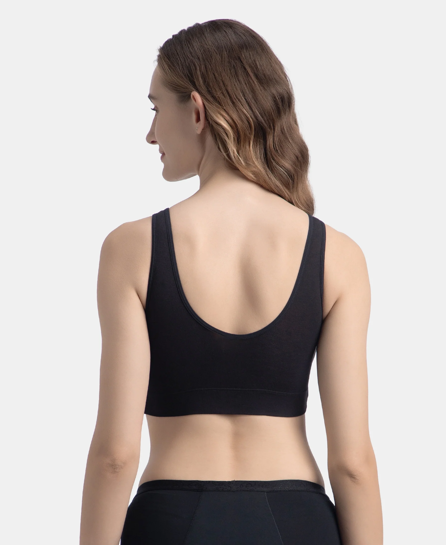 Wirefree Padded Tencel Micro Modal Elastane Stretch Full Coverage Lounge Bra with Concealed Underband - Black - Image 3